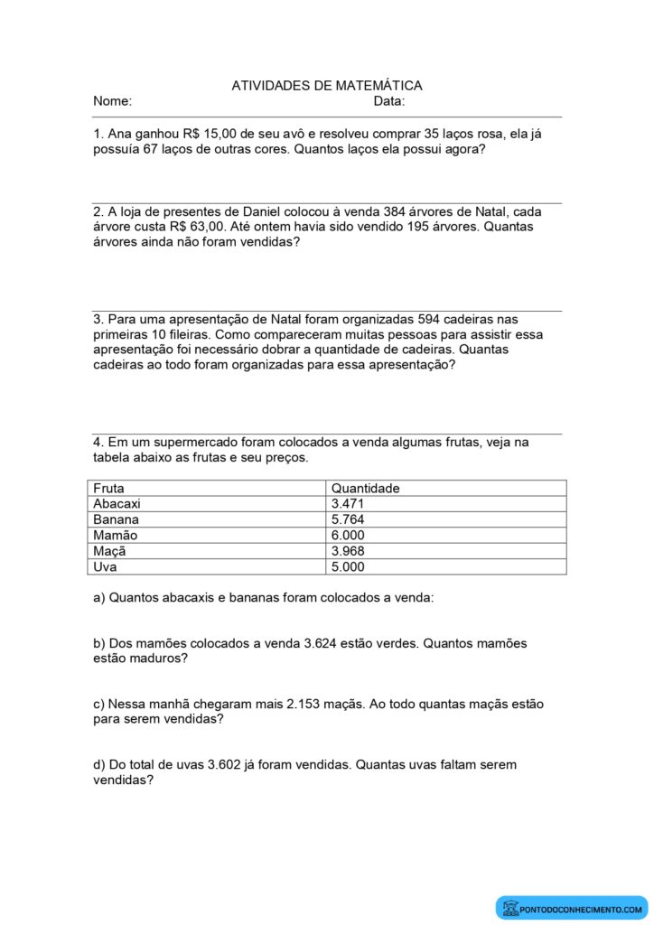 Atividades De Matemática Com Situações Problemas Com Tabela E Sistema