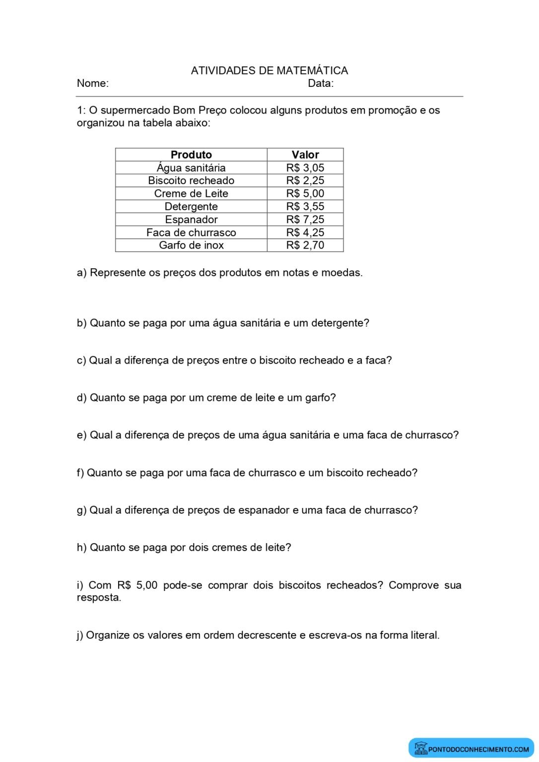 Atividades de interpretação de sistema monetário com tabela - Ponto do ...