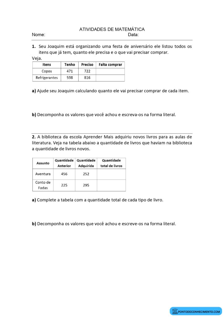 Atividades de matemática com tabela simples para preencher com adição e ...