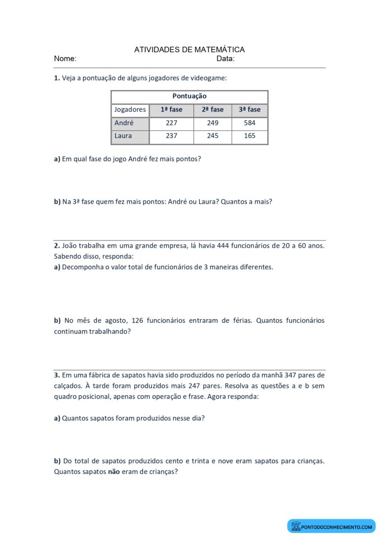 Atividades de matemática com tabela simples para adição e subtração de ...