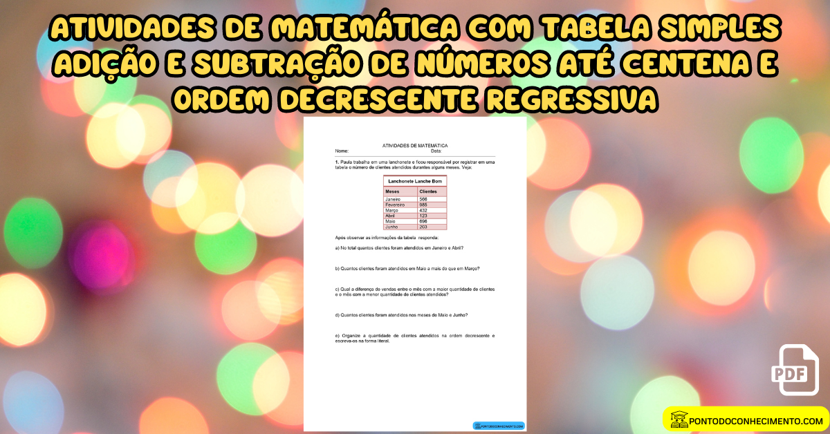 Arquivo de Tarefas de matemática com tabela simples adição e subtração ...