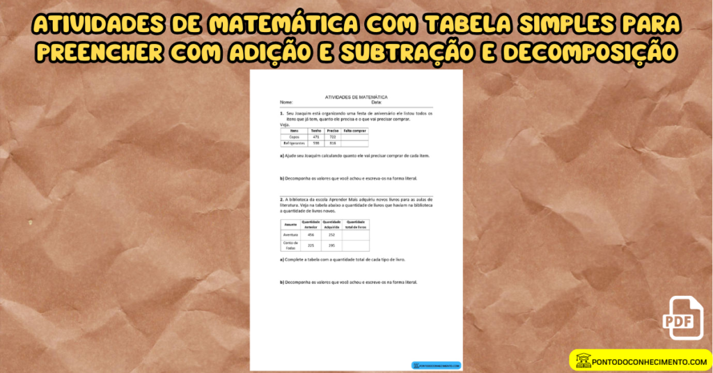 Arquivo de Atividades de matemática com tabela simples para preencher ...