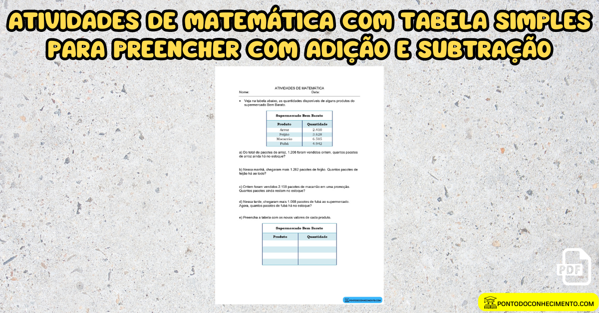 Atividades de matemática com tabela simples para preencher com adição e ...