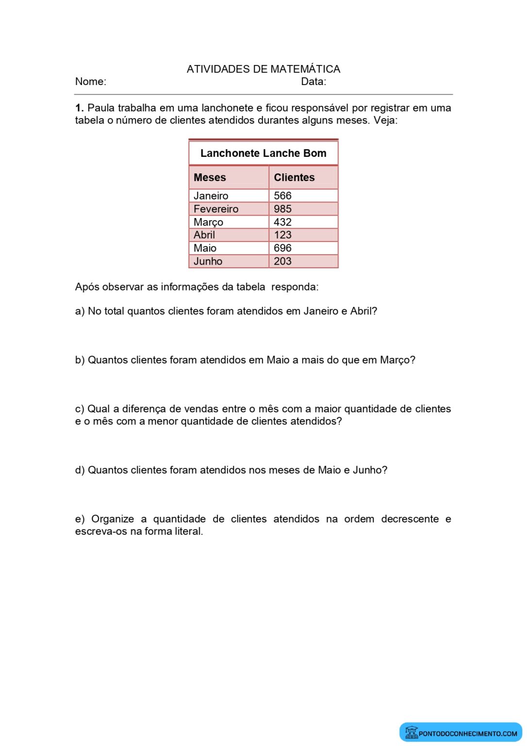 Atividades de matemática com tabela simples adição e subtração de ...