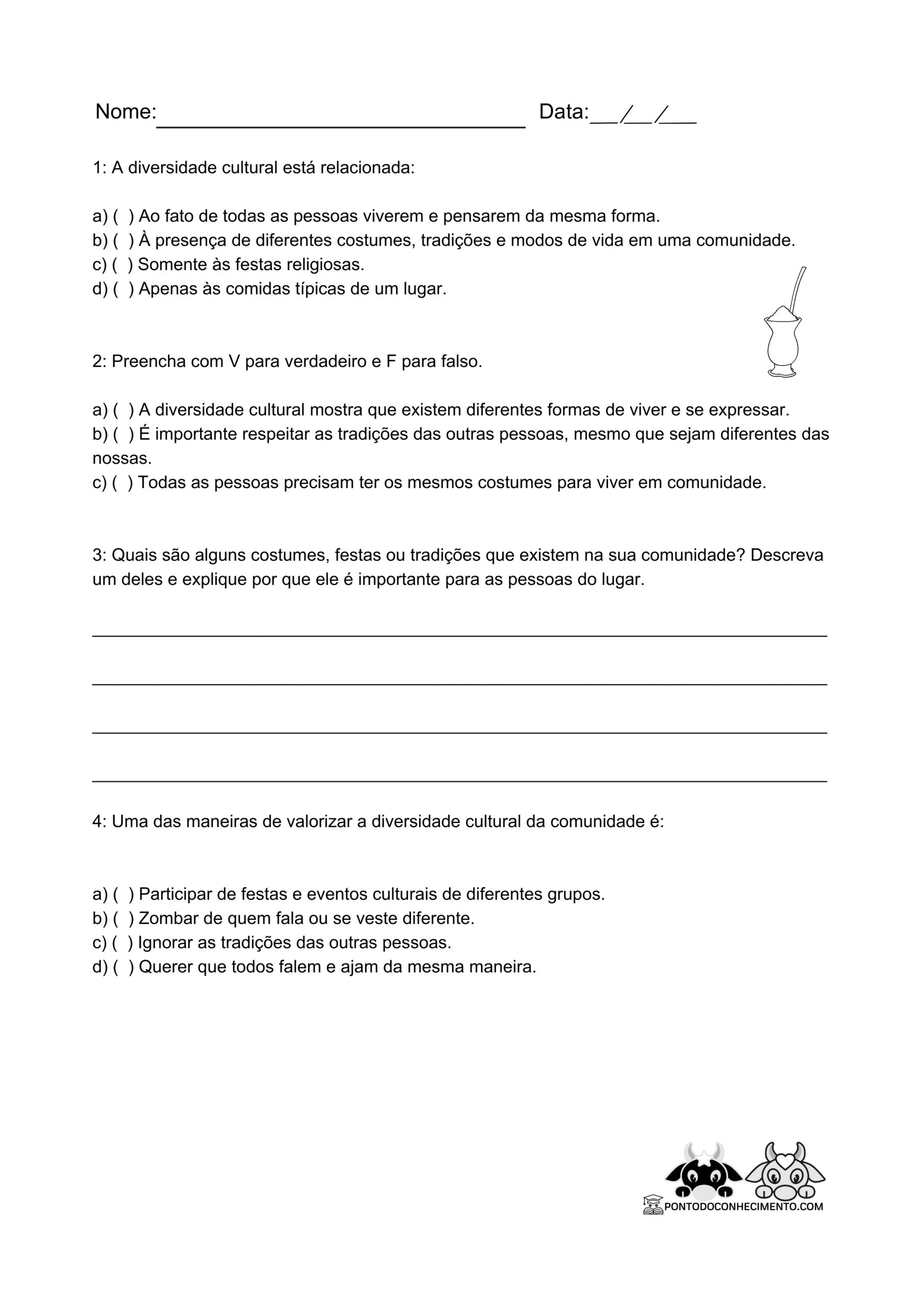 Atividade de História 3º ano do Ensino Fundamental: Diversidade Cultural da Comunidade