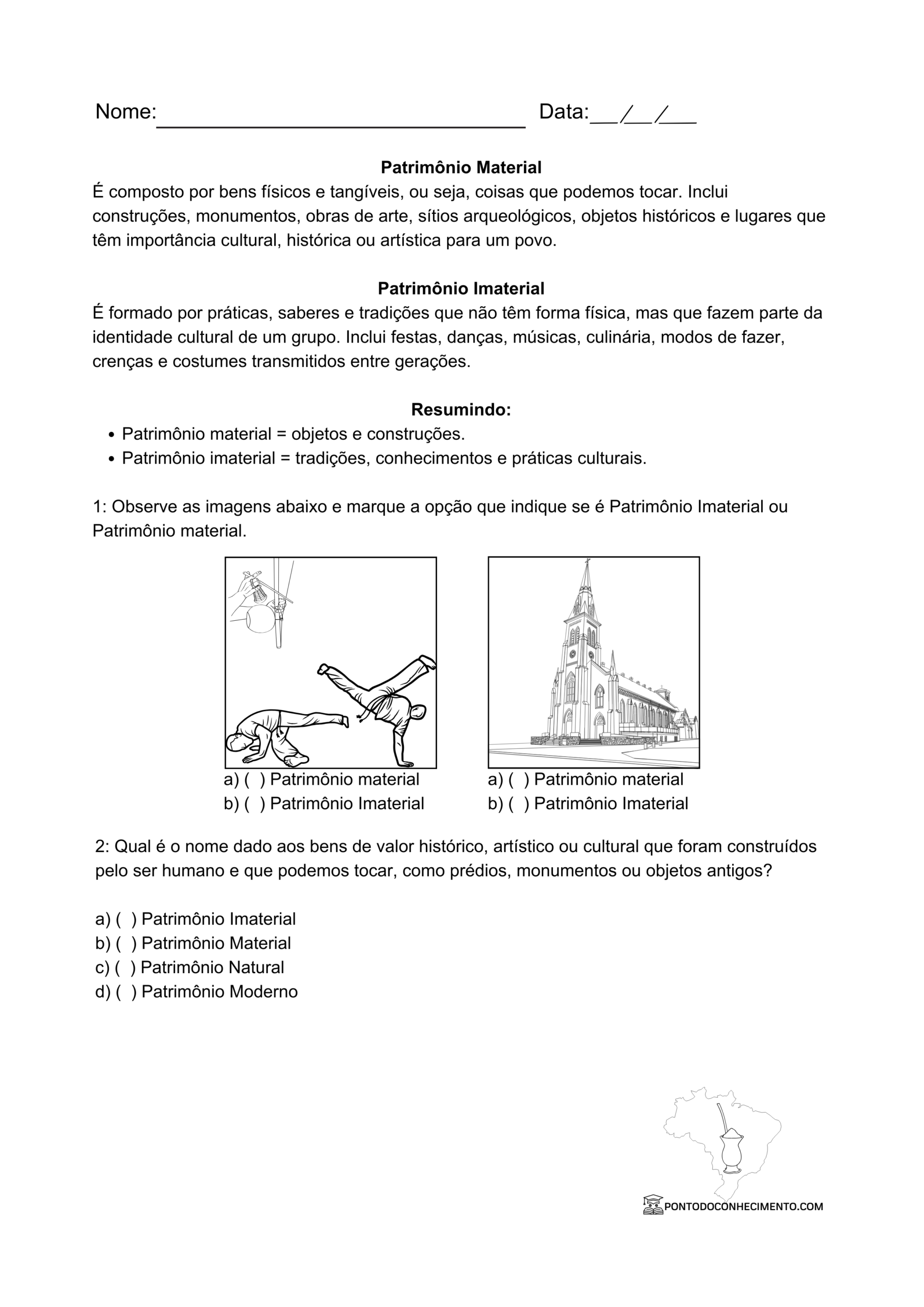 Atividade de história 3º ano Patrimônios materiais e imateriais da nossa região