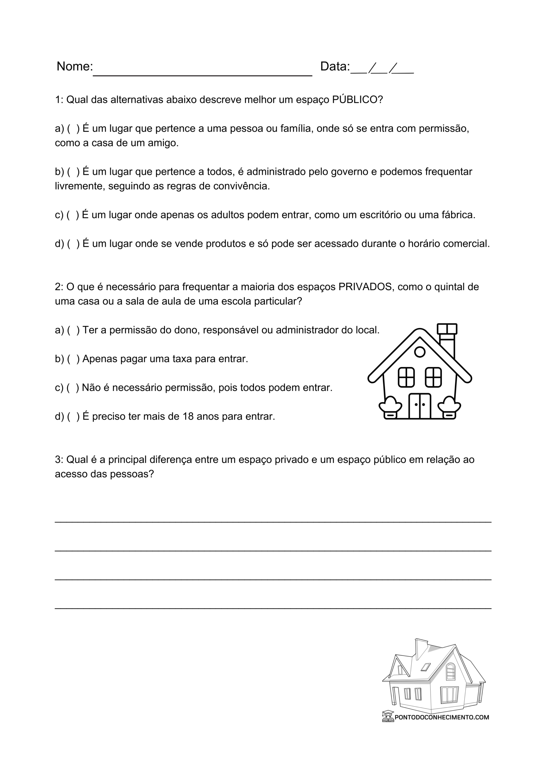 Avaliação de História 3º ano Espaço Público e Espaço Privado