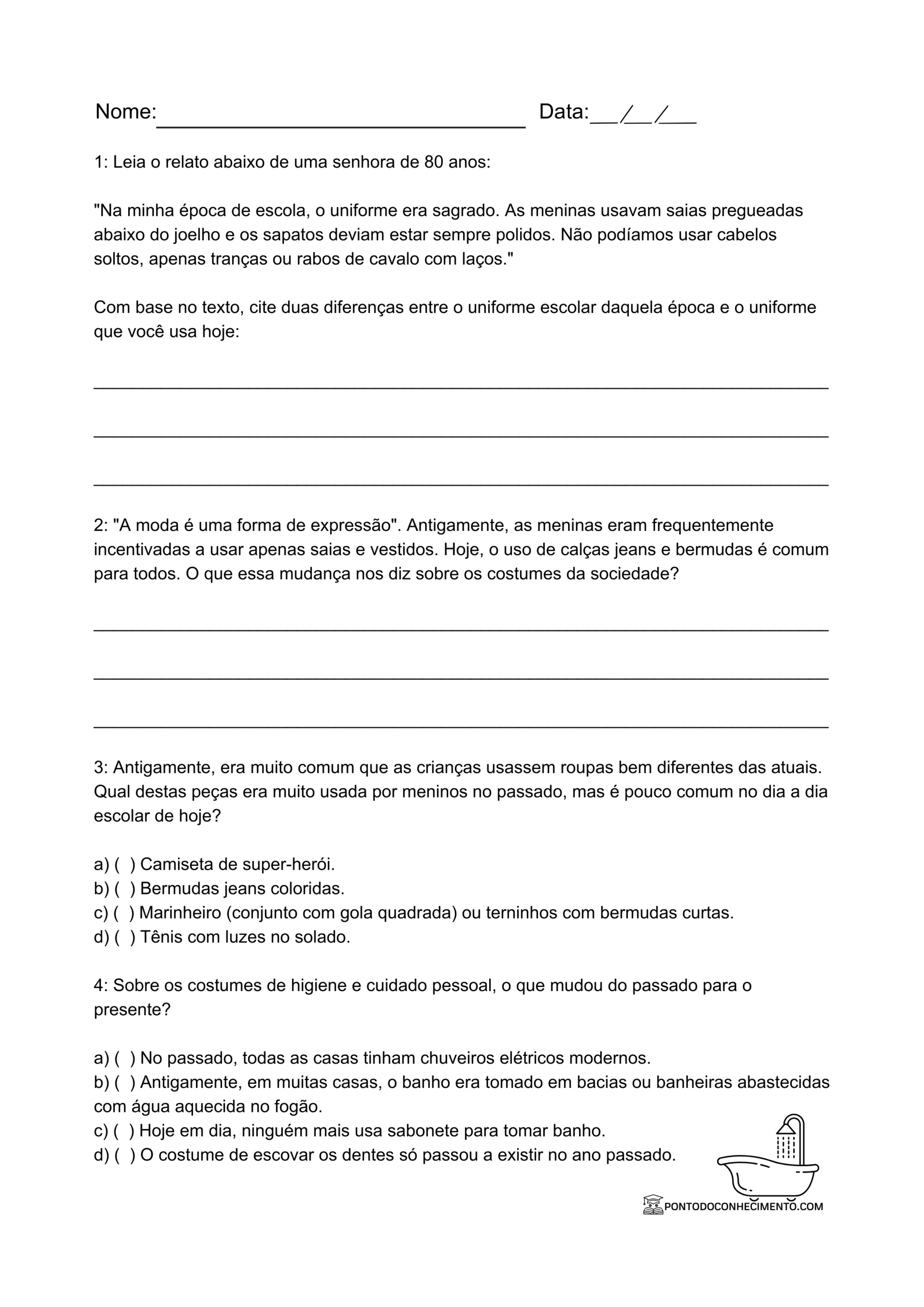 Atividade de história 3º ano Evolução das vestimentas e costumes sociais