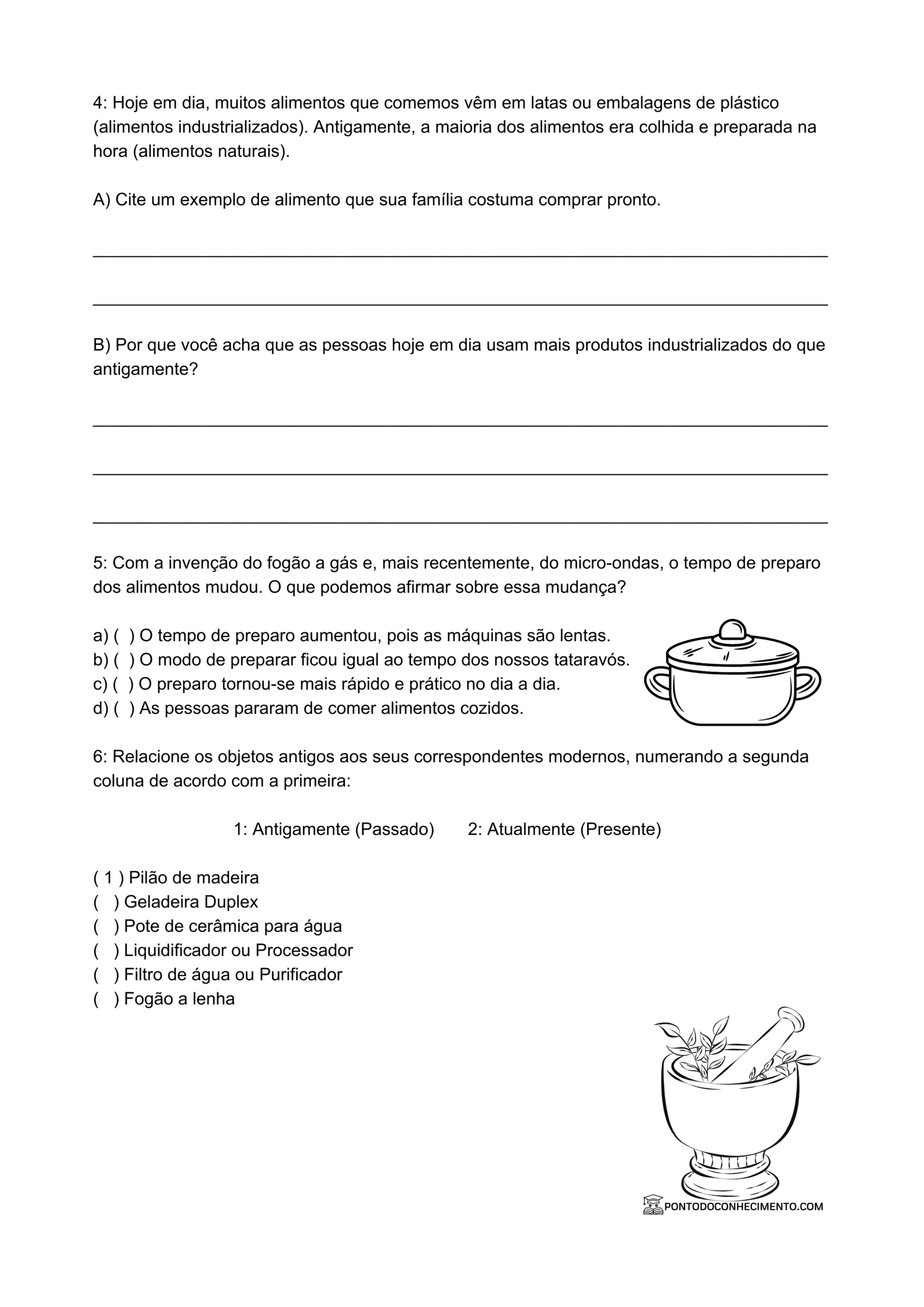Avaliação de história 3º ano A evolução da cozinha e dos alimentos