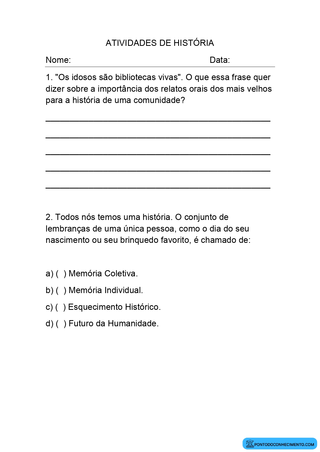 Atividade de História quarto ano sobre identidade pessoal e social
