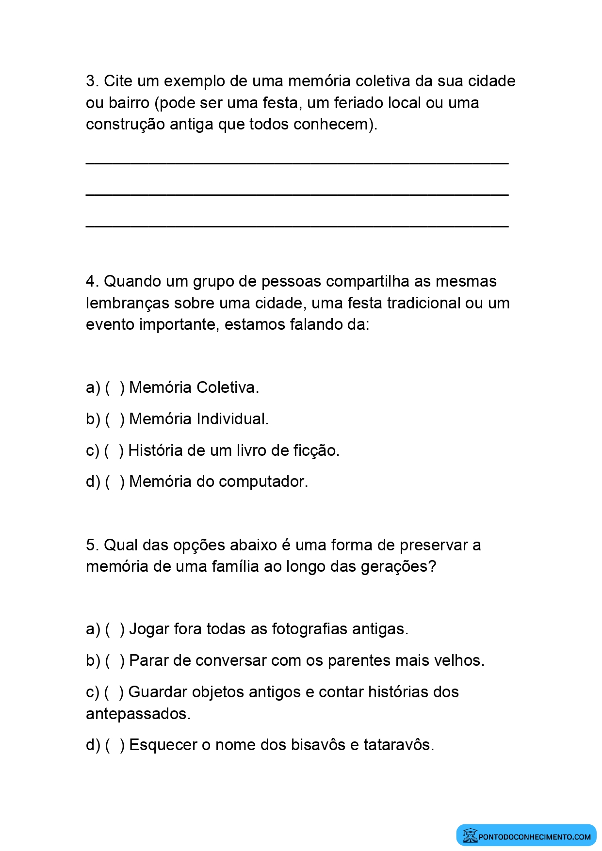Atividade de História quarto ano sobre memórias da família e da comunidade