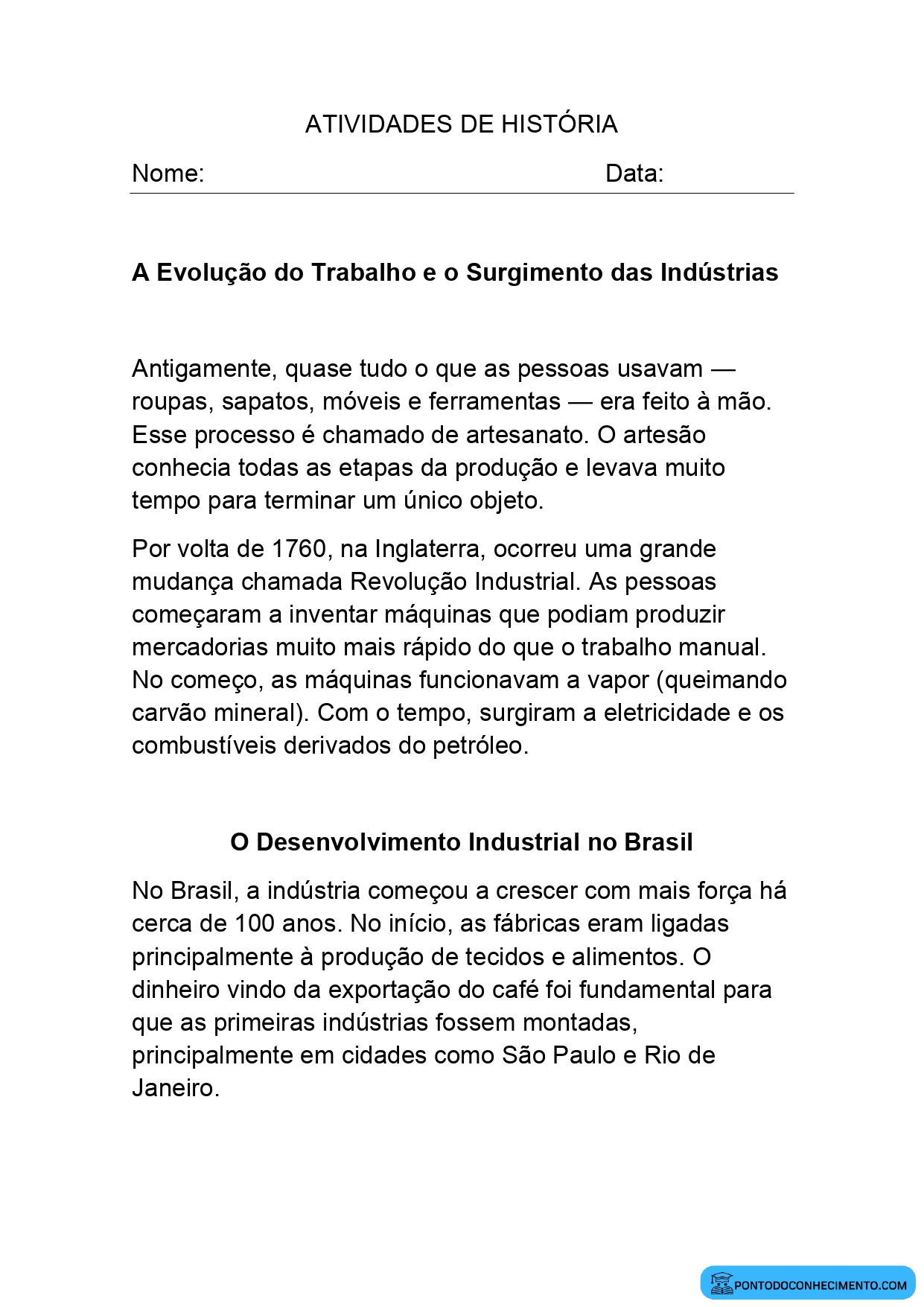 Atividade de História 4º ano sobre início do desenvolvimento industrial