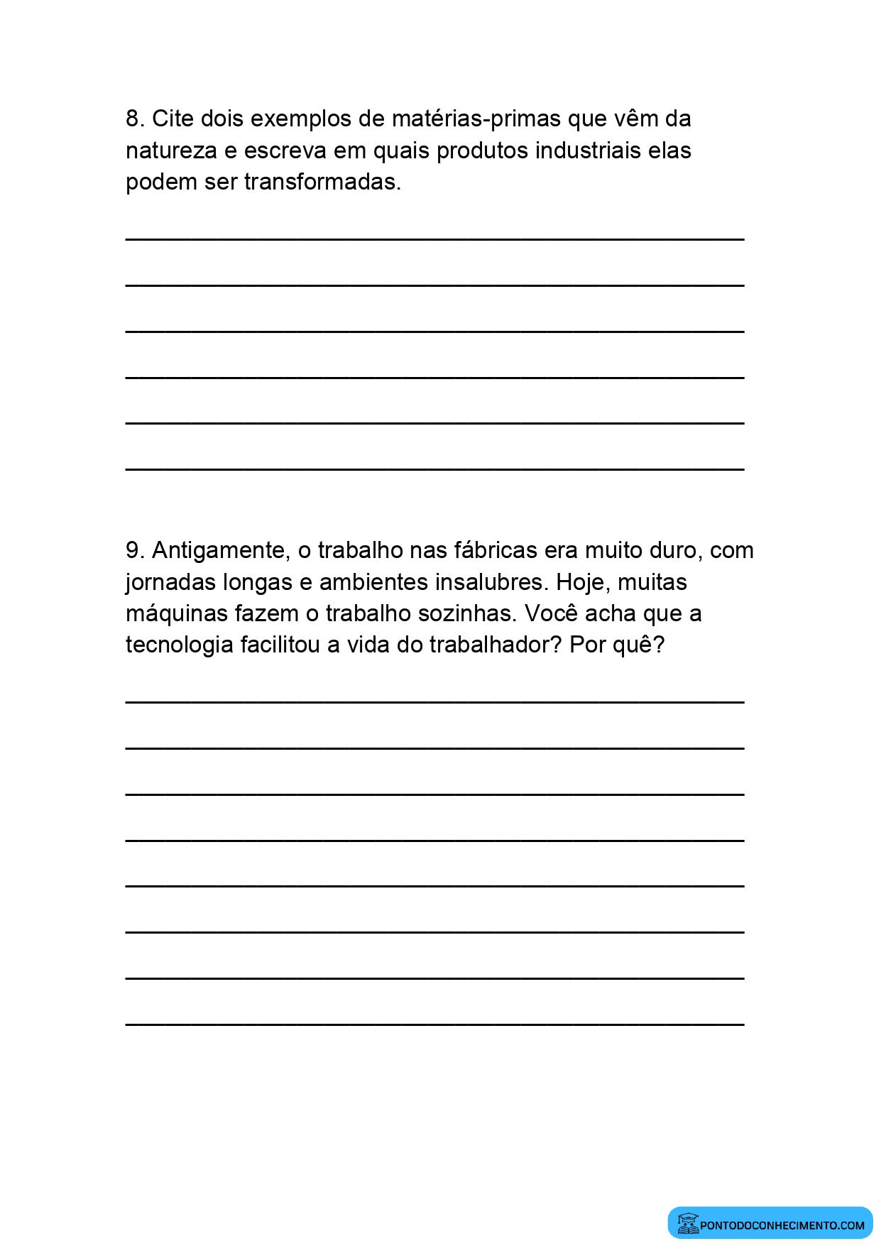 Atividade de História 4º ano sobre origem das fábricas e produção industrial
