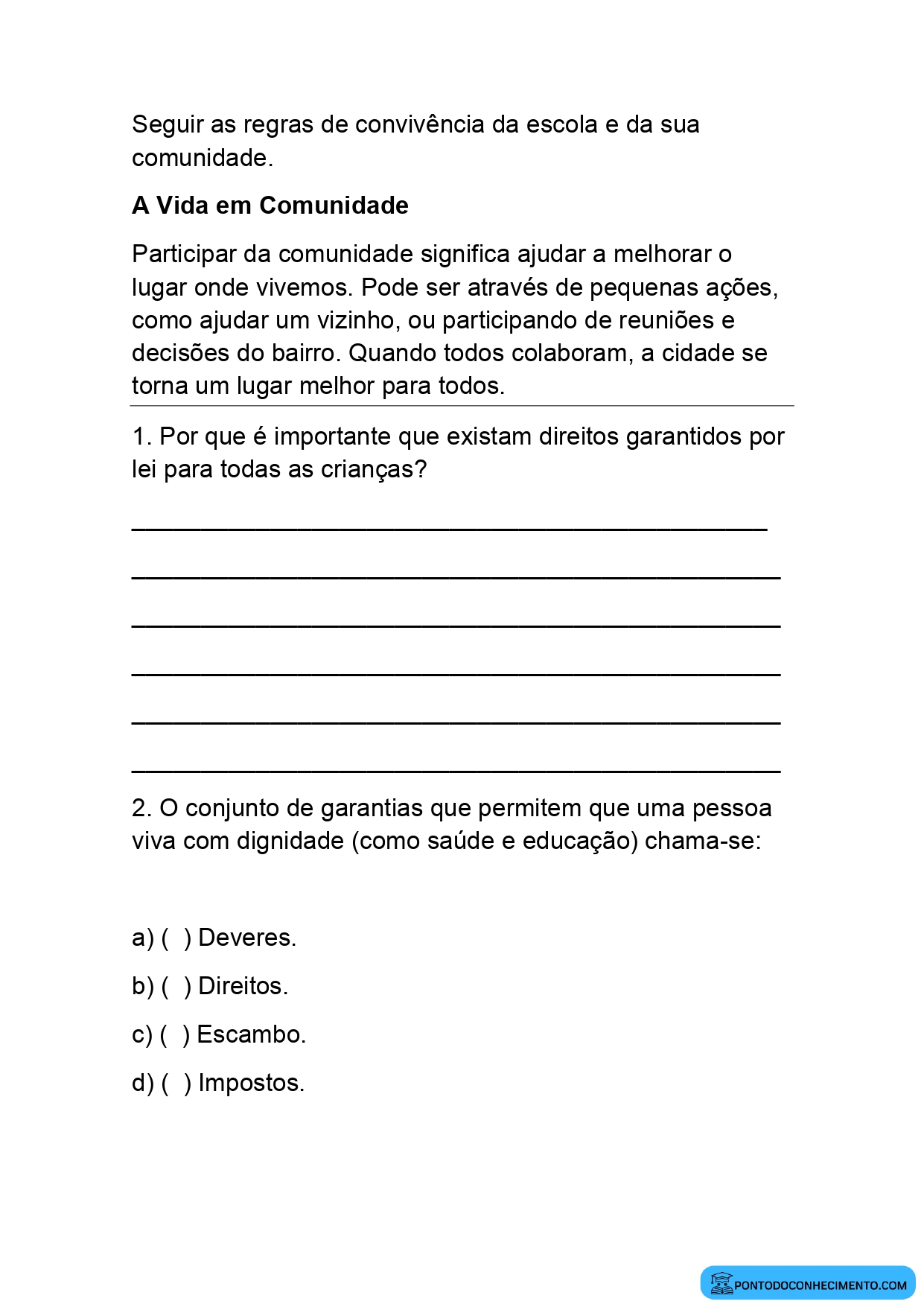 Atividade de História 4º ano sobre participação das crianças na comunidade