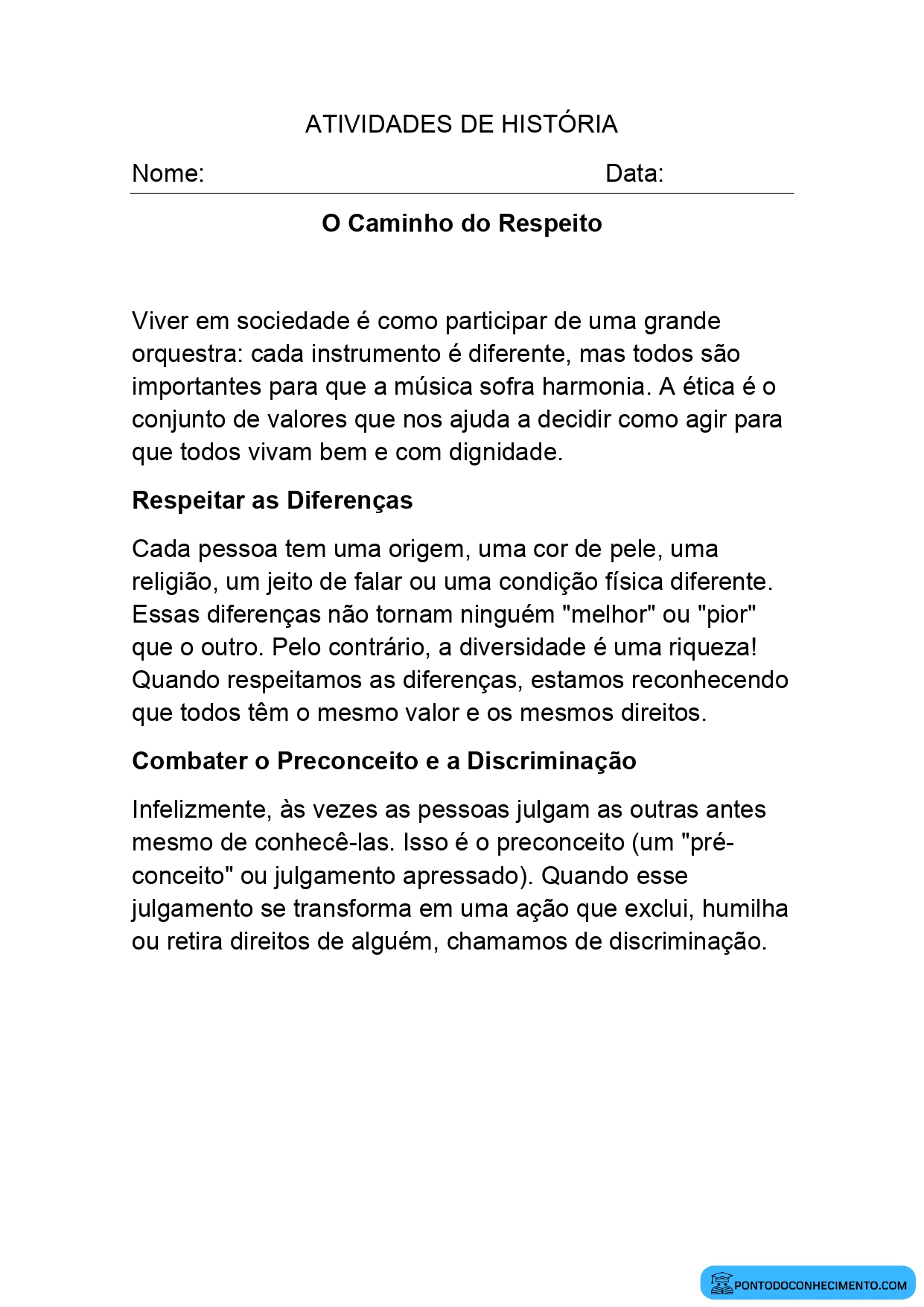 Atividade de História quarto ano sobre direitos humanos e respeito às diferenças