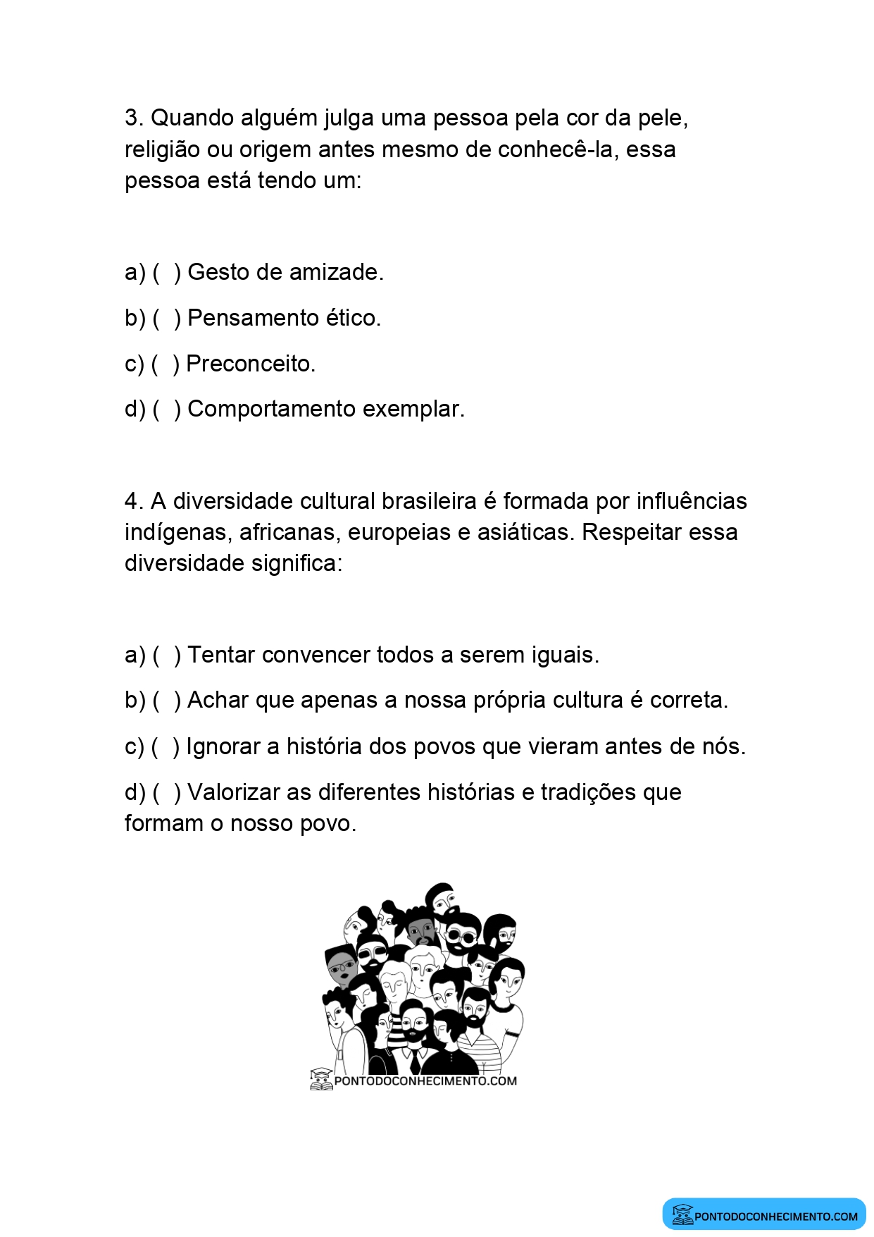 Atividade de História quarto ano sobre inclusão social e combate ao preconceito