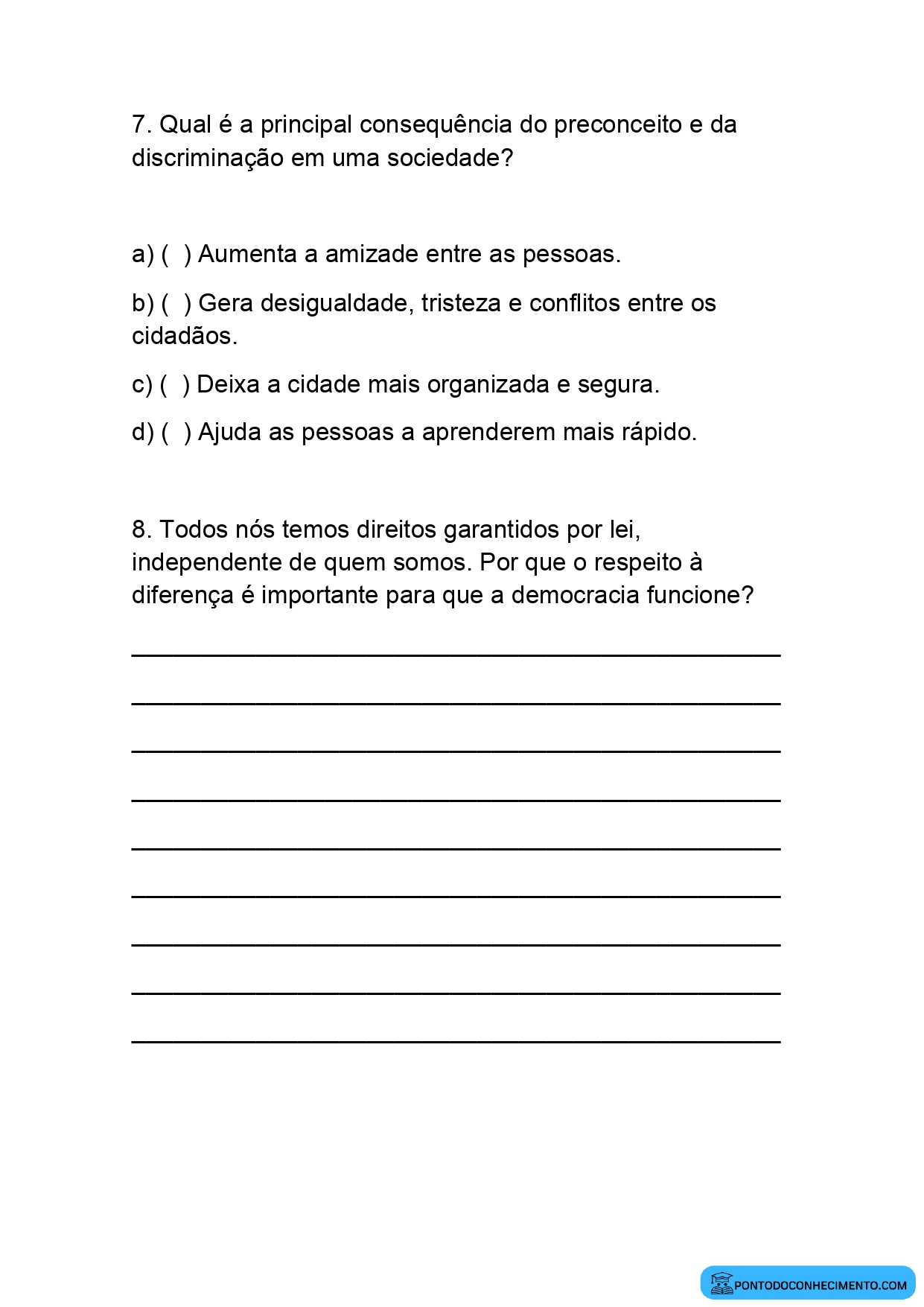 Atividade de História quarto ano sobre valores sociais e diversidade
