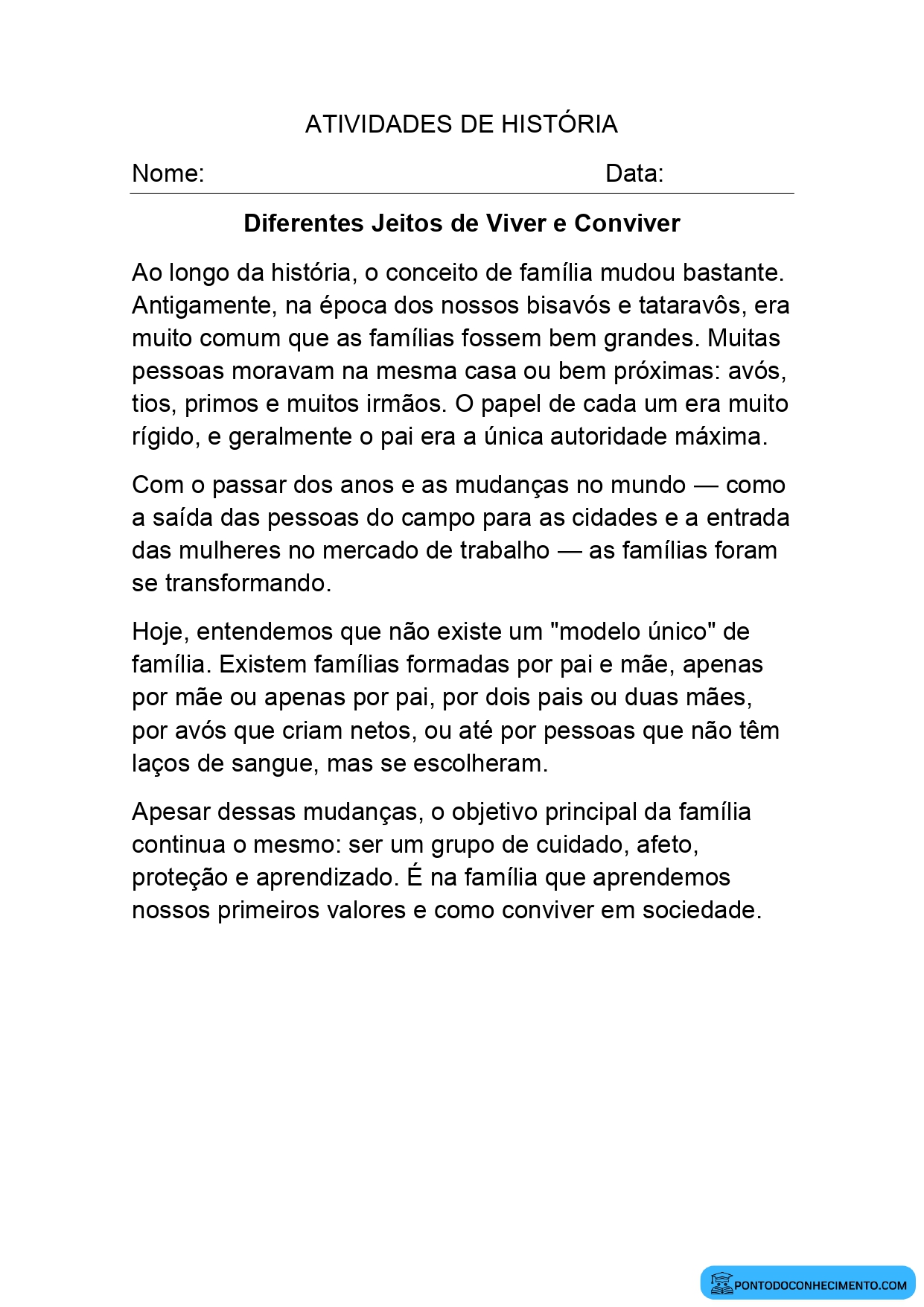 Atividade de História 4º ano sobre evolução da organização familiar