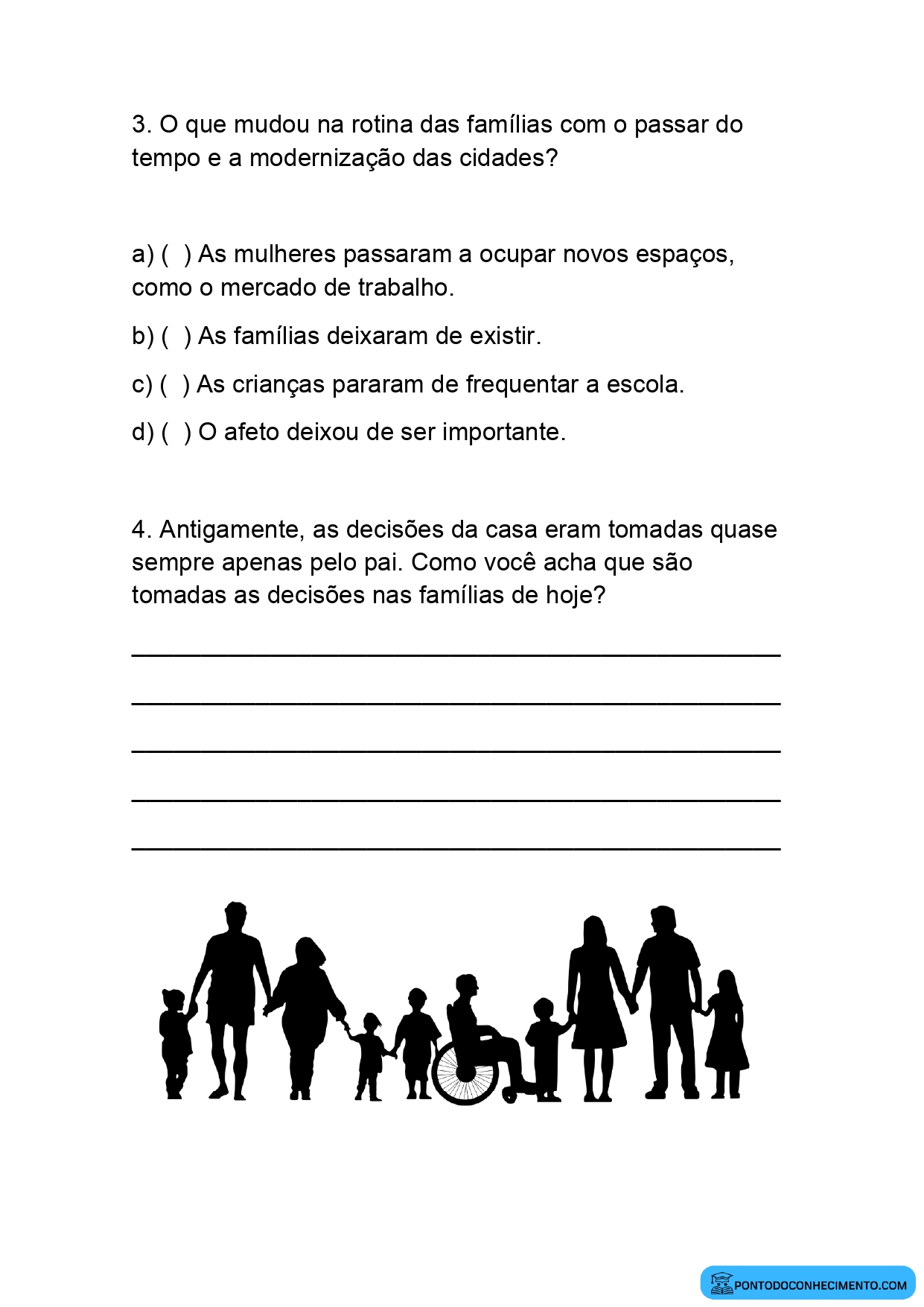 Atividade de História 4º ano sobre mudanças sociais e estrutura familiar