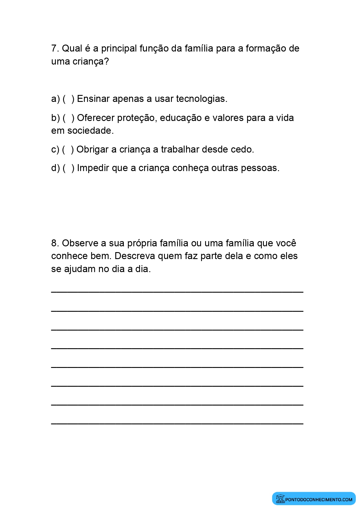 Atividade de História 4º ano sobre papel da família na sociedade