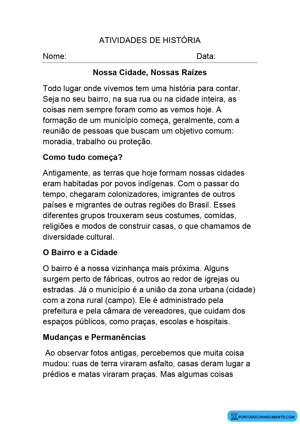 Atividade de História 4º ano sobre origem do município