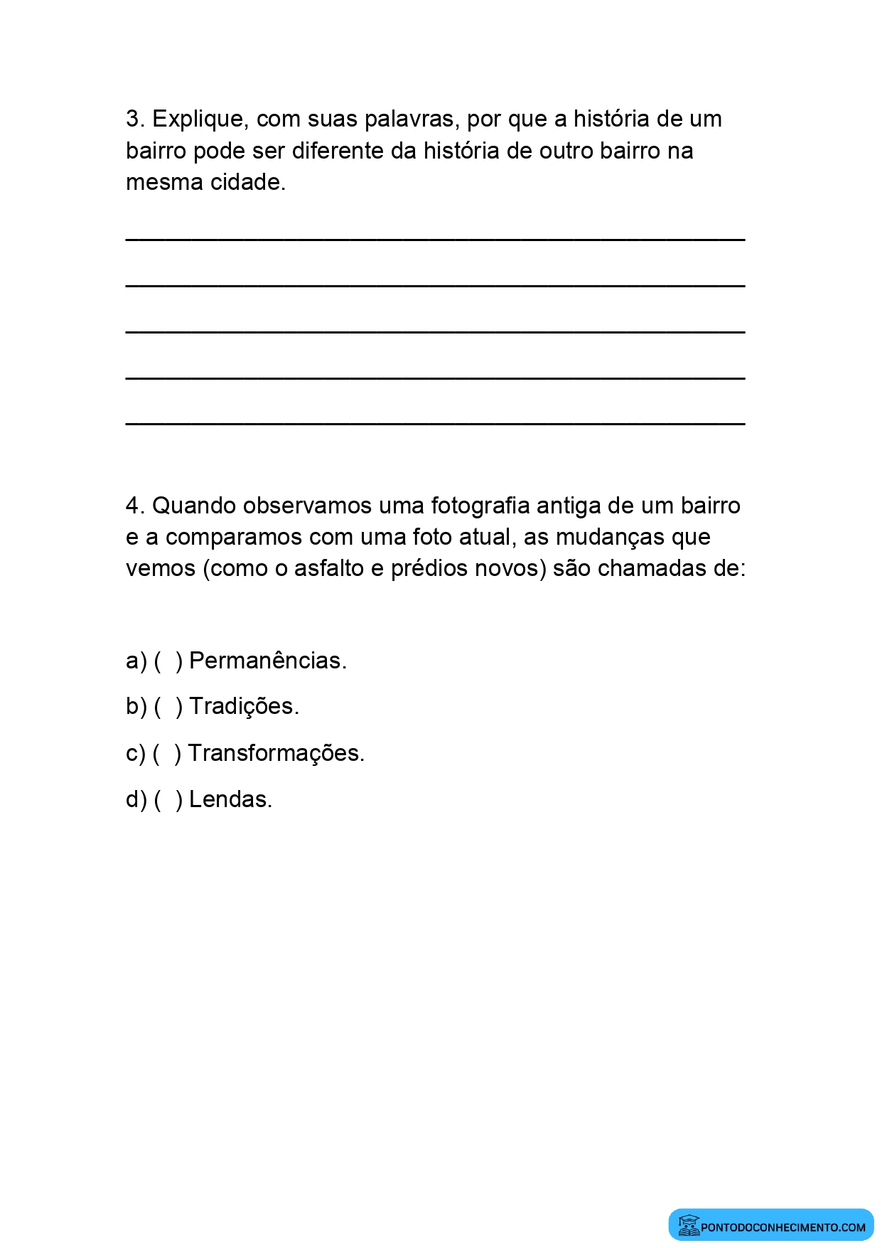 Atividade de História 4º ano sobre fundação da cidade e seus primeiros habitantes