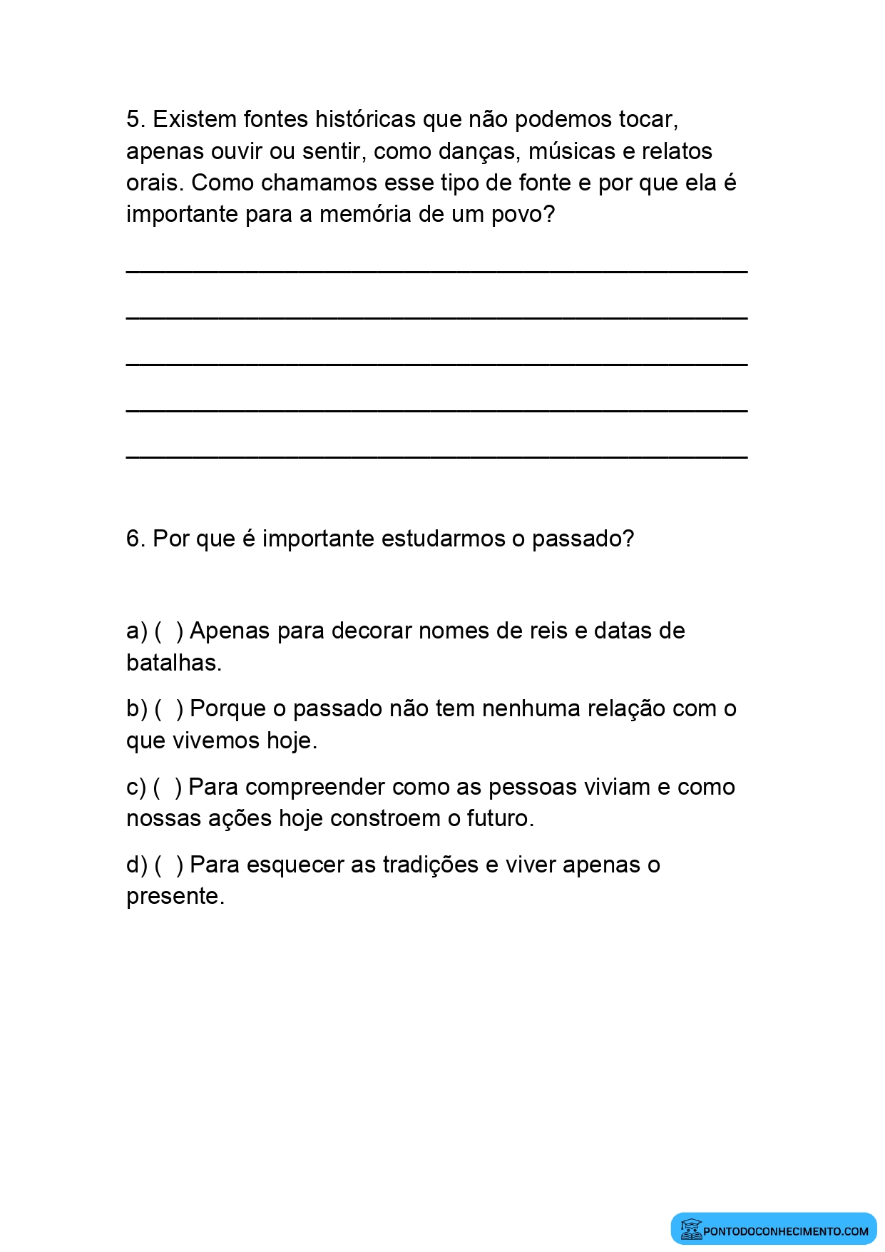 Atividade de História 4º ano sobre o que estuda a História e por que é importante