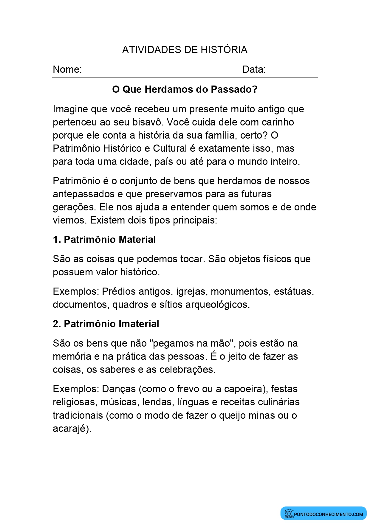 Atividade de História 4º ano sobre patrimônio cultural material e imaterial da comunidade