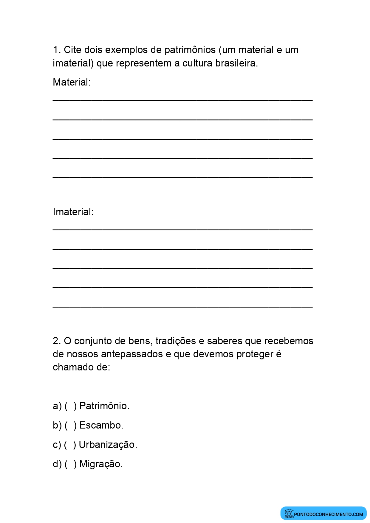 Atividade de História 4º ano sobre bens culturais locais e memória social