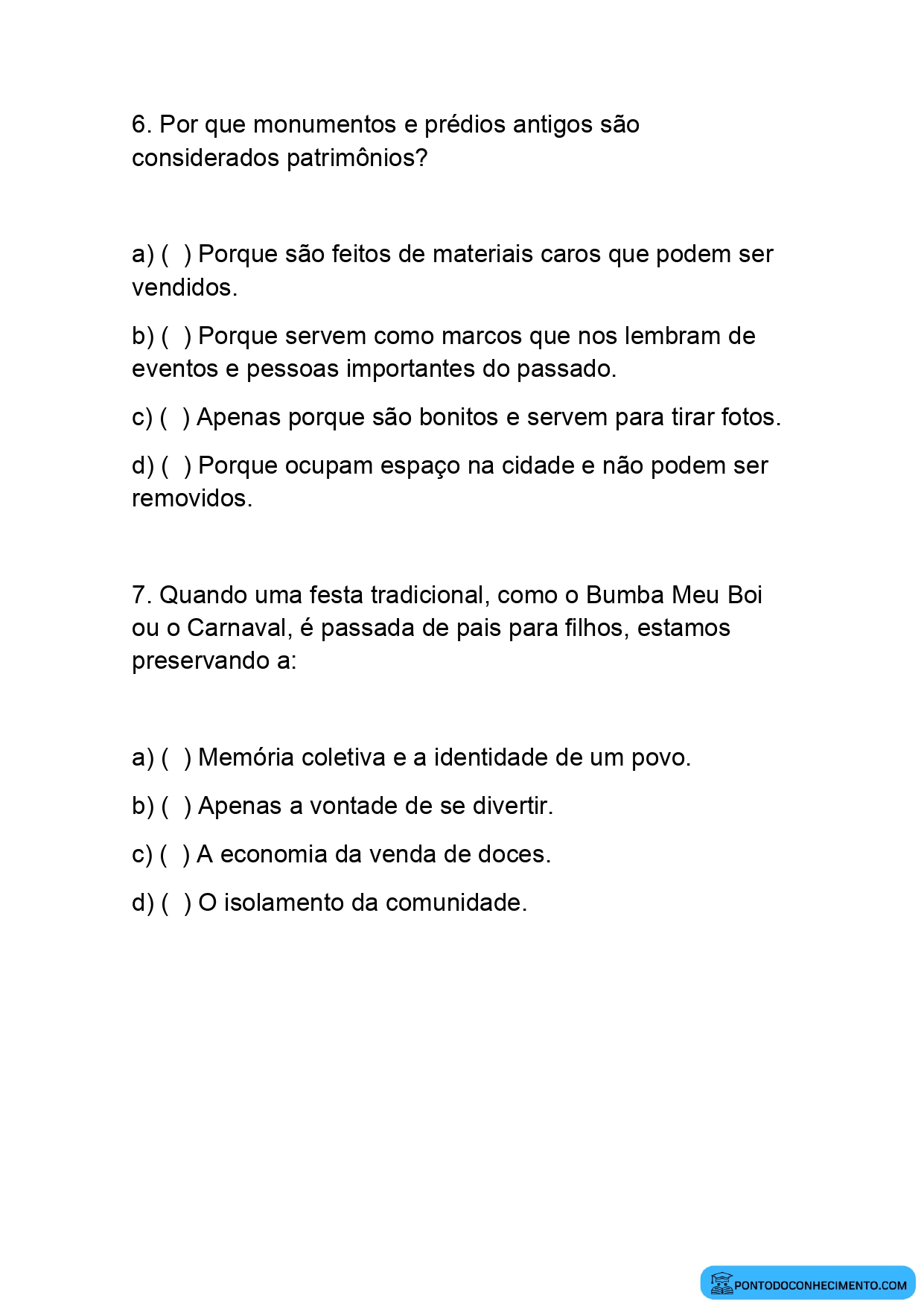 Atividade de História 4º ano sobre tradições locais e patrimônio imaterial