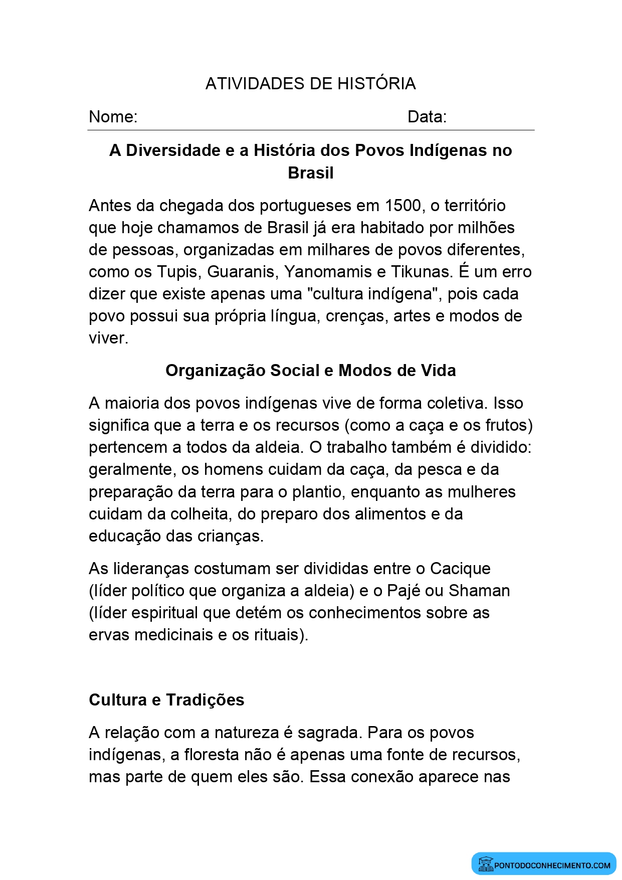 Atividade de História 4º ano sobre cultura indígena e tradições brasileiras