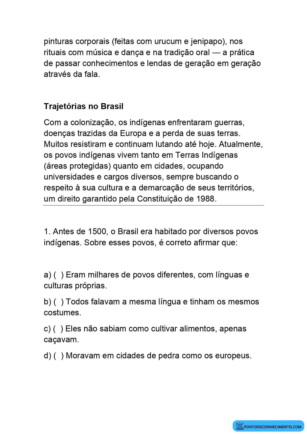Atividade de História 4º ano sobre organização social dos povos indígenas