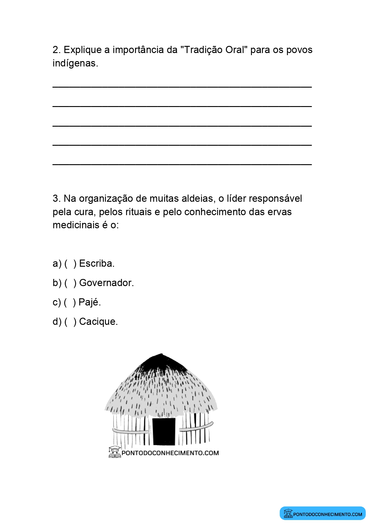 Atividade de História 4º ano sobre costumes e saberes indígenas no Brasil