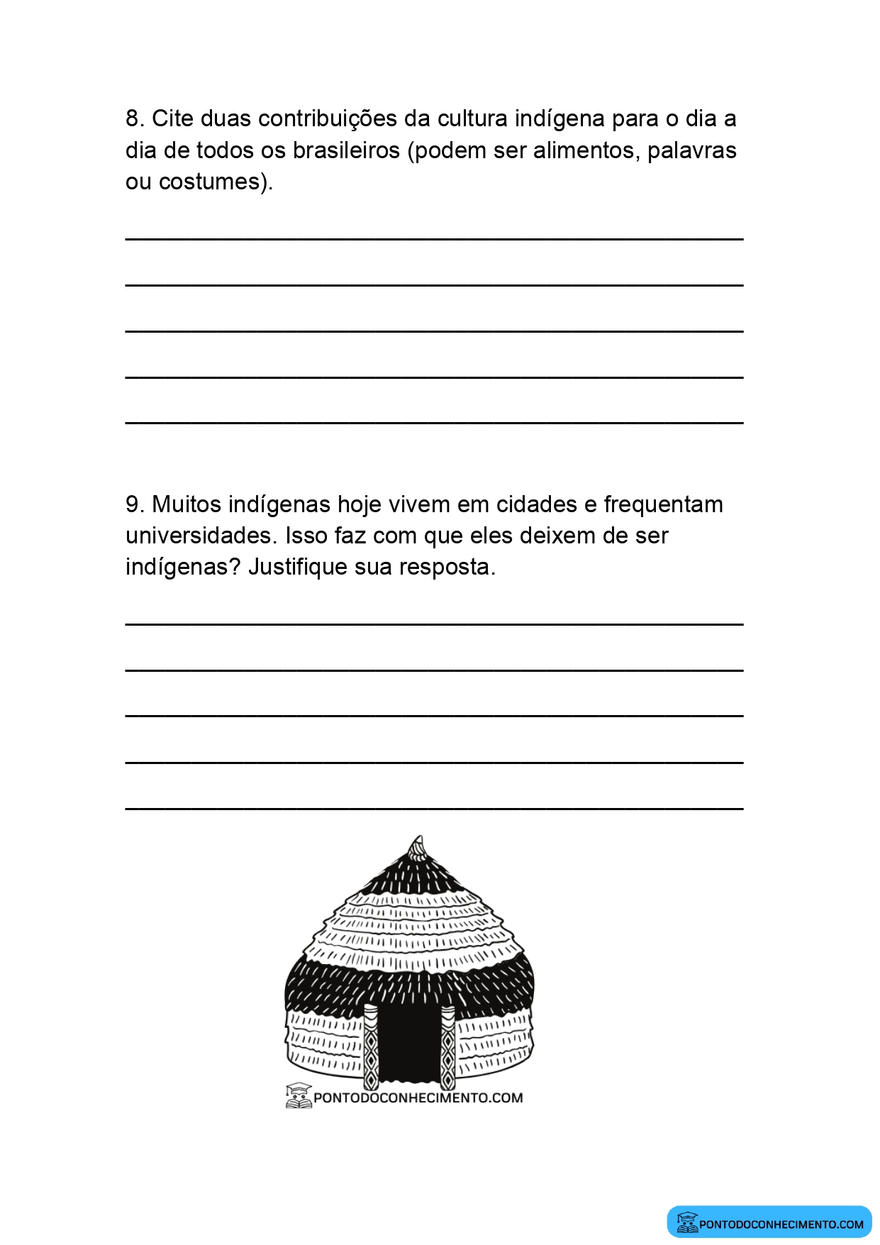 Atividade de História 4º ano sobre aldeias indígenas e formas de organização
