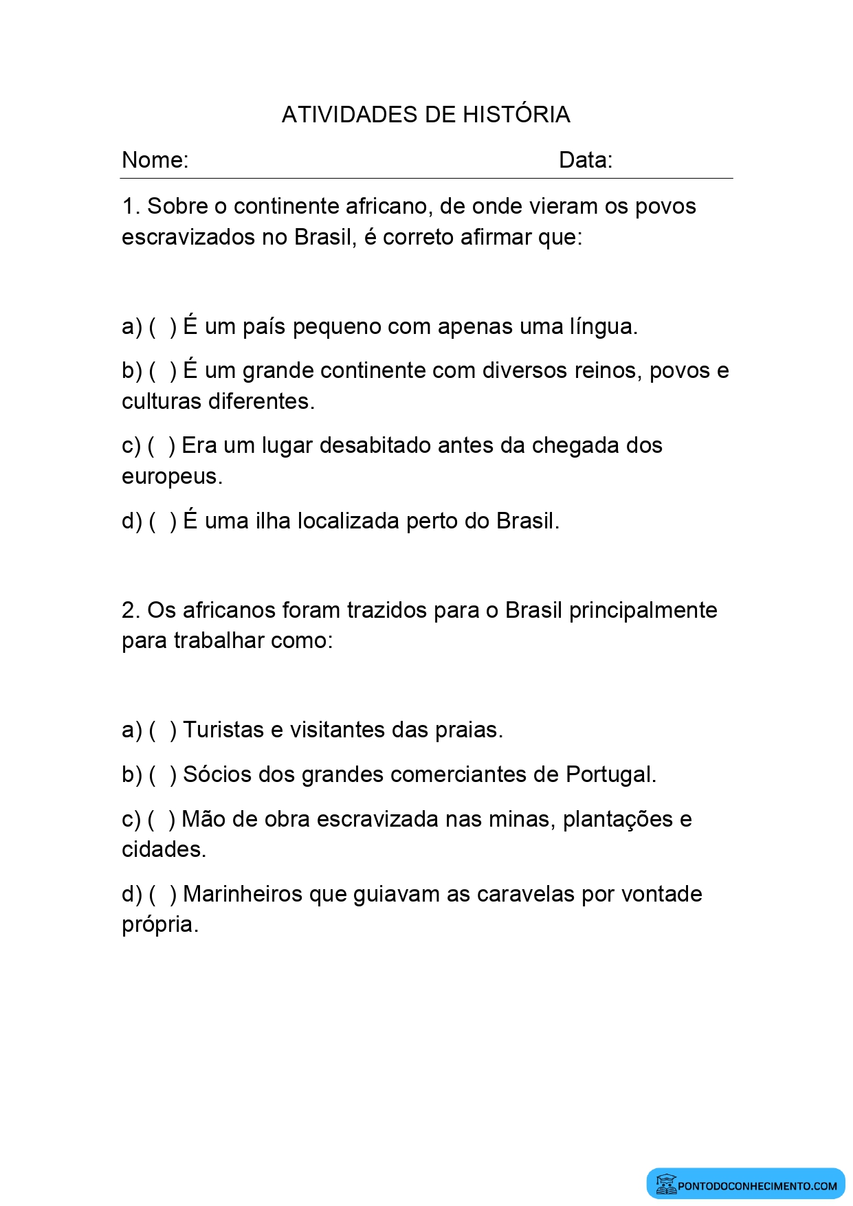 Atividade de História 4º ano sobre povos africanos na formação da sociedade brasileira