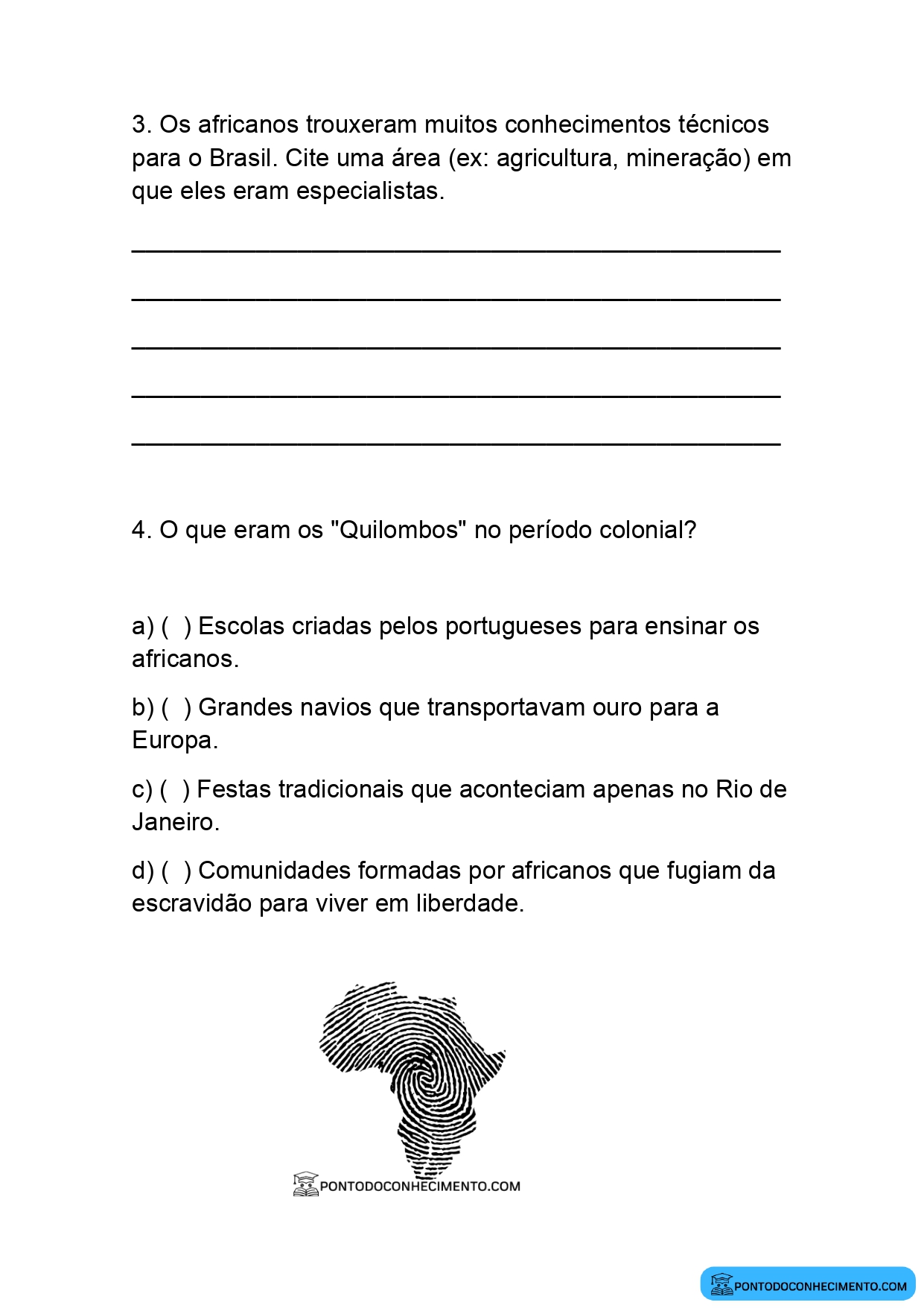 Atividade de História 4º ano sobre herança africana na identidade brasileira