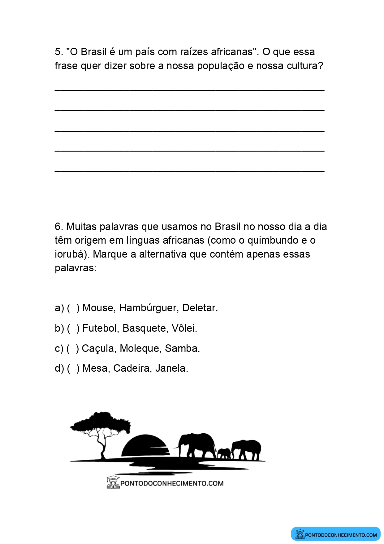 Atividade de História 4º ano sobre cultura afro-brasileira e suas origens