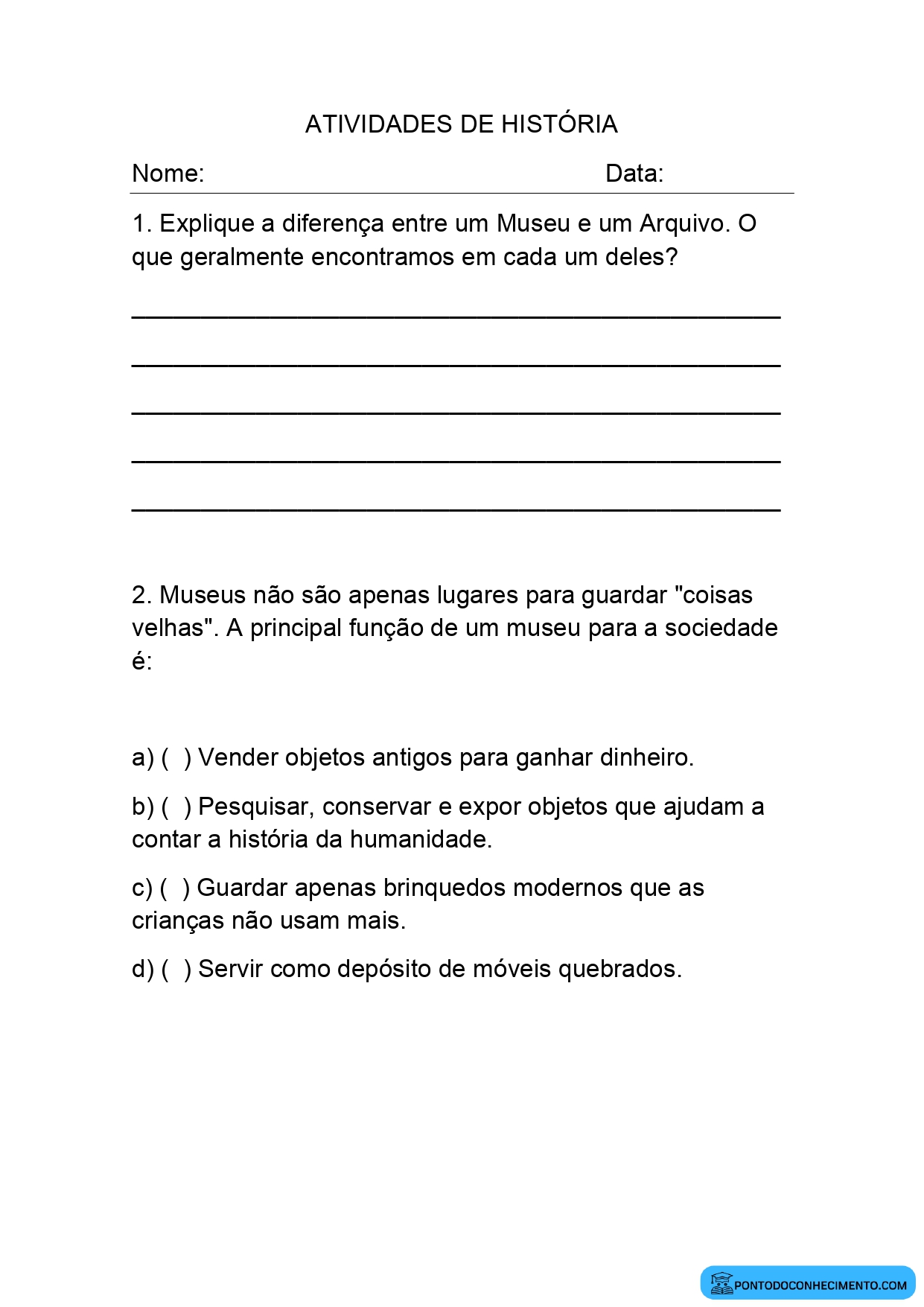 Atividade de História 4º ano sobre museus e conservação da memória histórica
