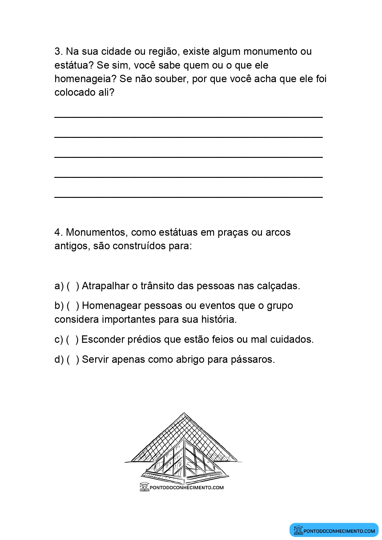 Atividade de História 4º ano sobre monumentos históricos e sua importância