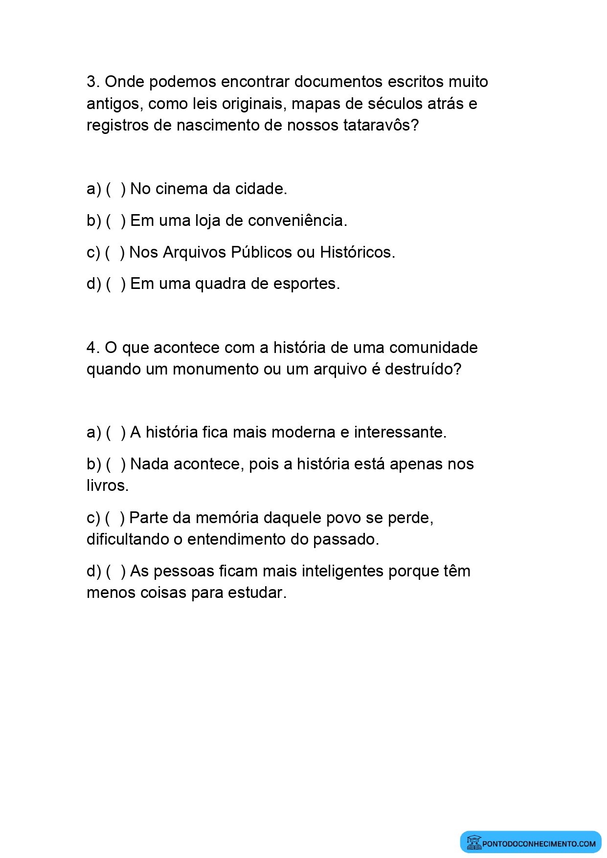 Atividade de História 4º ano sobre arquivos históricos e preservação de documentos