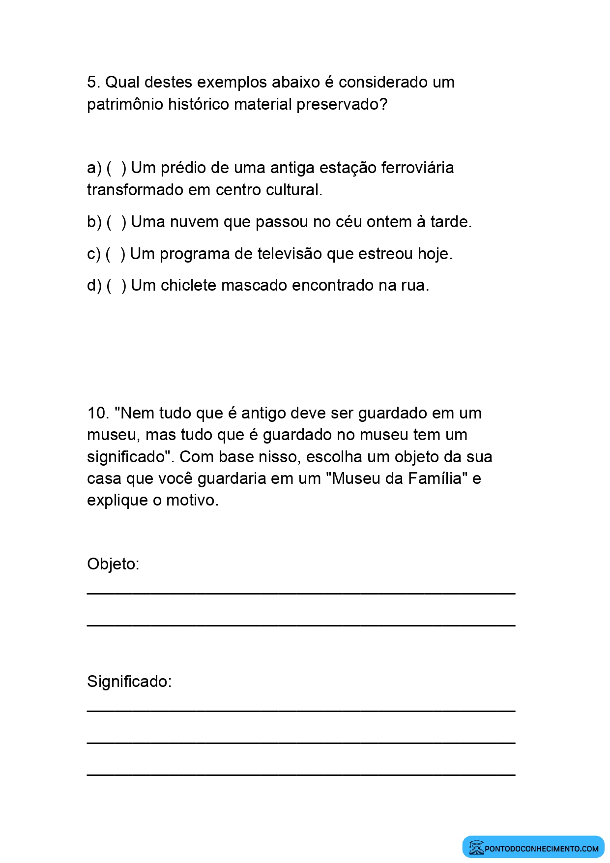 Atividade de História 4º ano sobre patrimônio cultural e identidade social