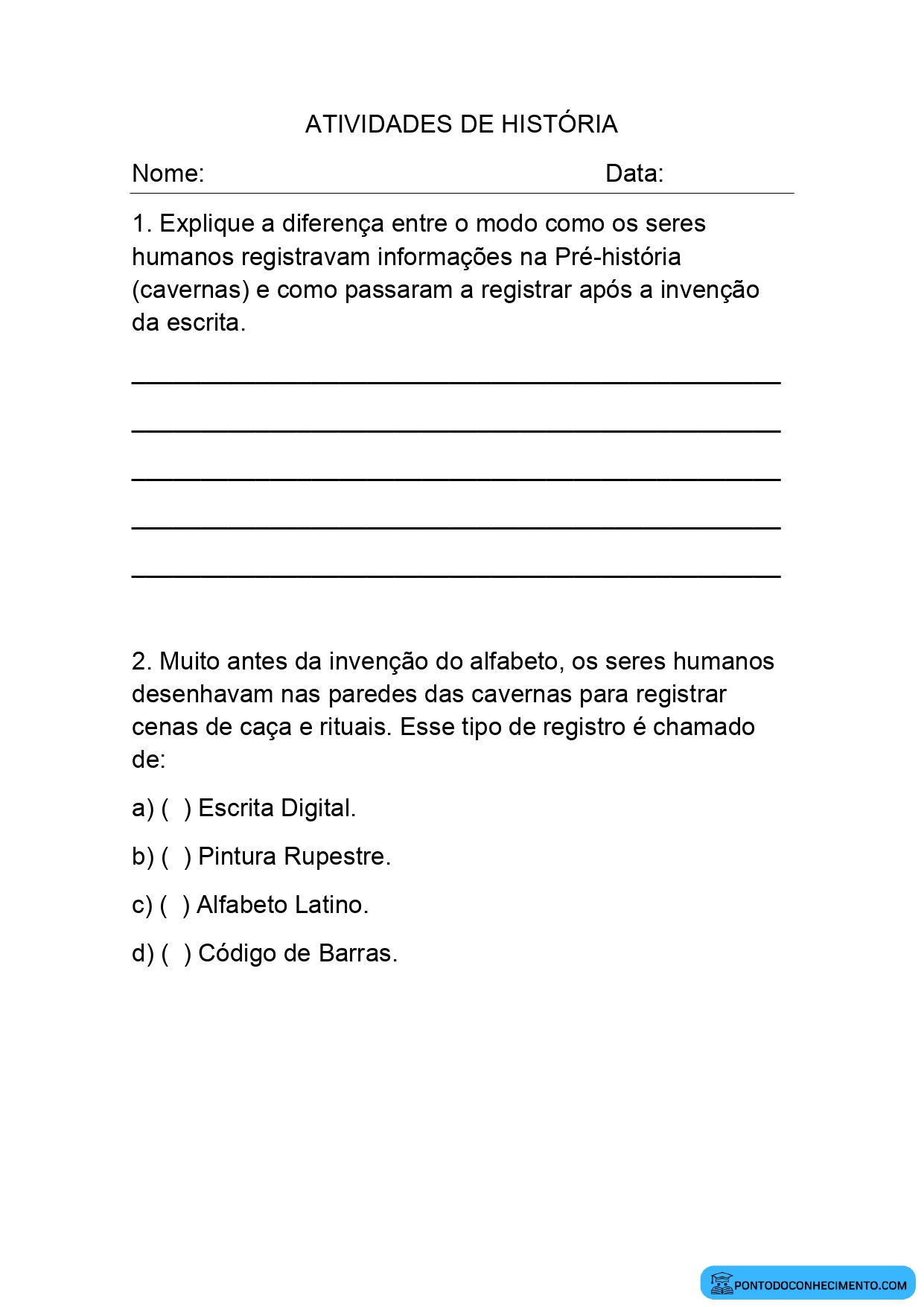 Atividade de História 4º ano sobre registros antigos e invenção da escrita