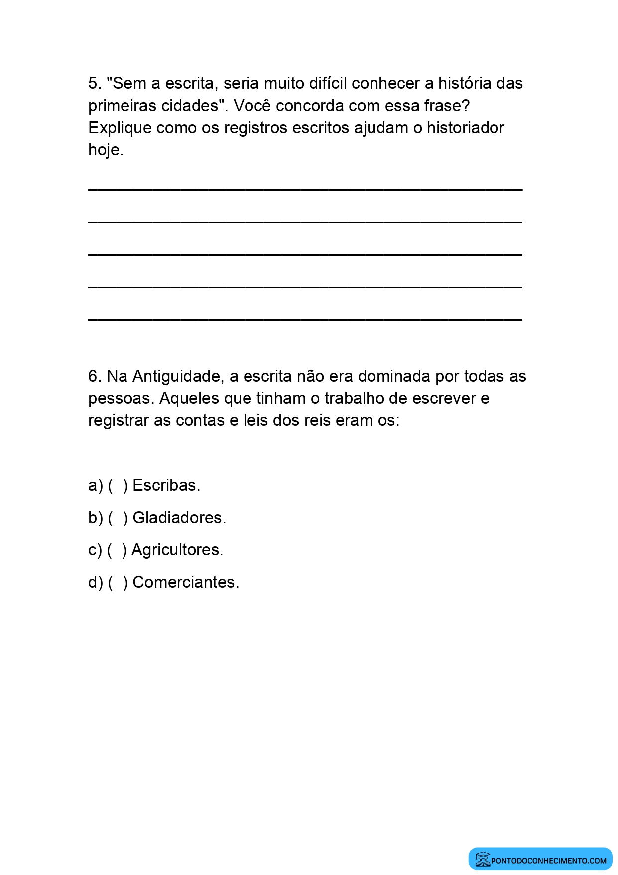Atividade de História 4º ano sobre escrita nas civilizações antigas