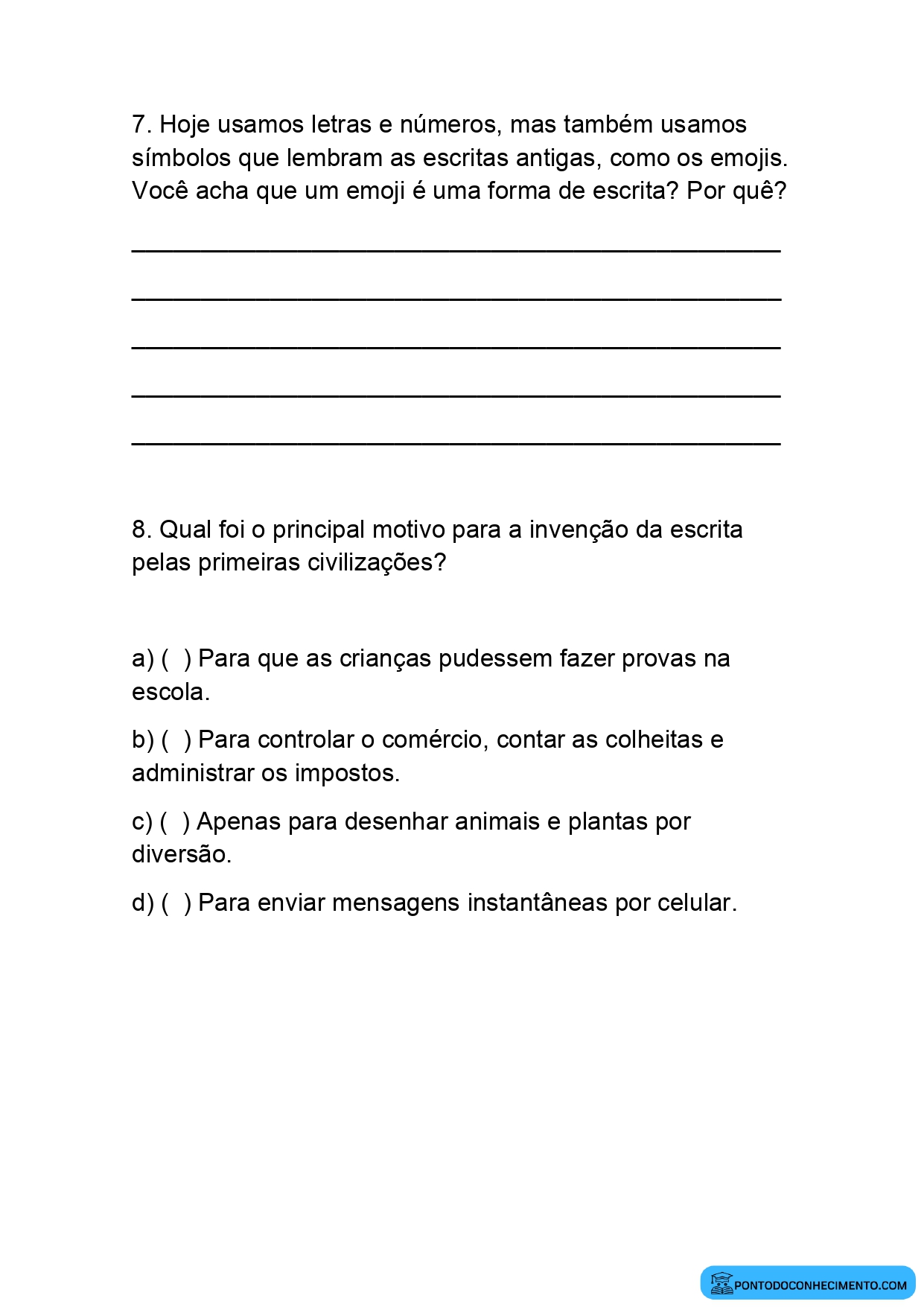 Atividade de História 4º ano sobre origem dos sistemas de escrita