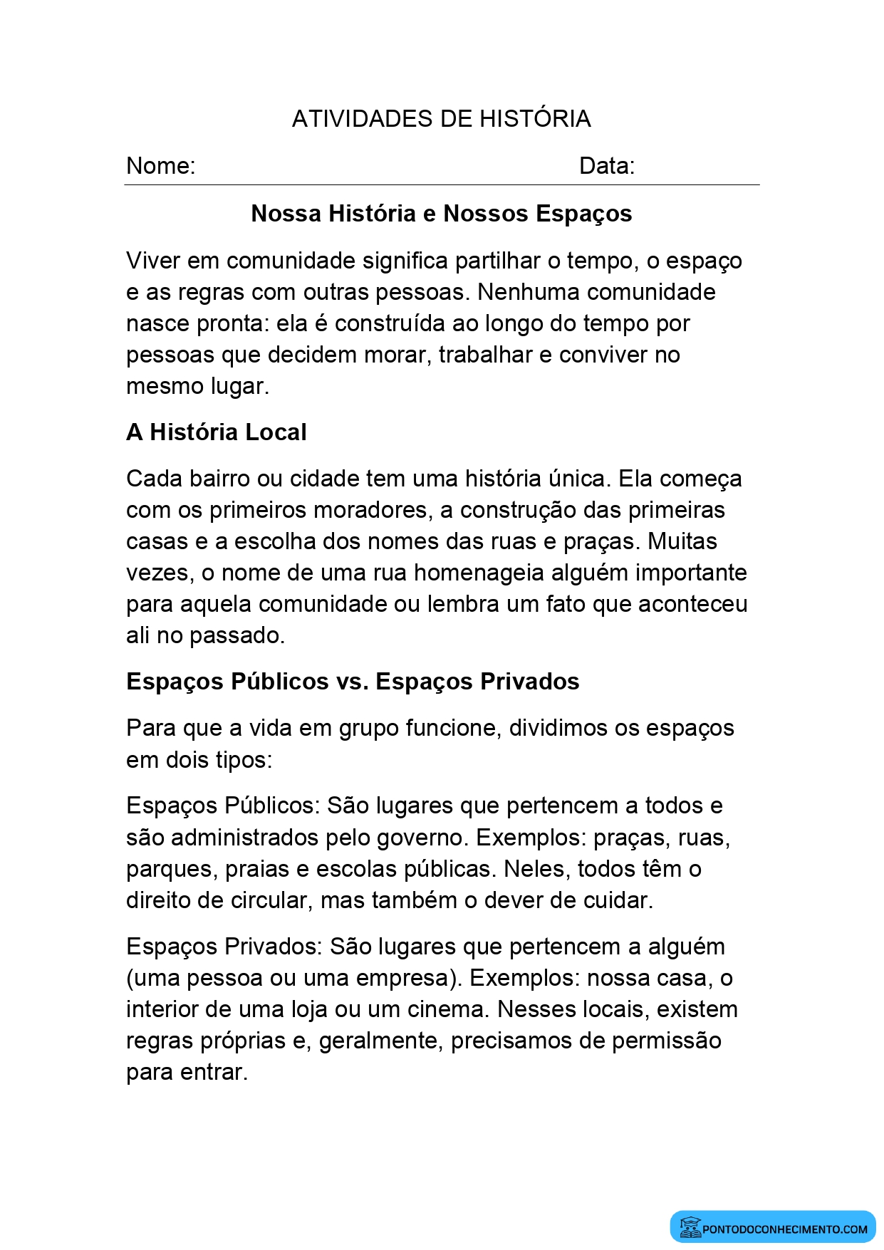 Atividade de História quarto ano Espaços Públicos e Privados