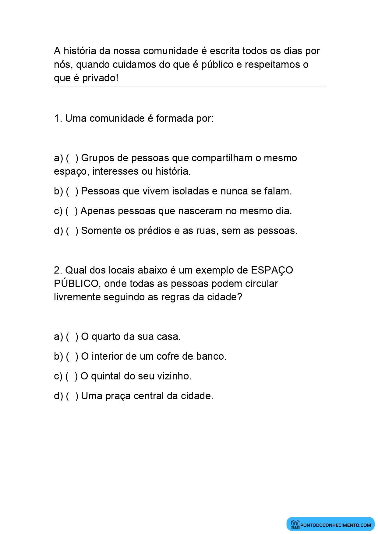 Atividade de História quarto ano A História do Lugar Onde Vivemos