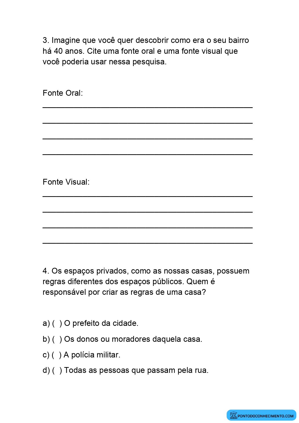 Atividade de História quarto ano Espaços Públicos e Privados