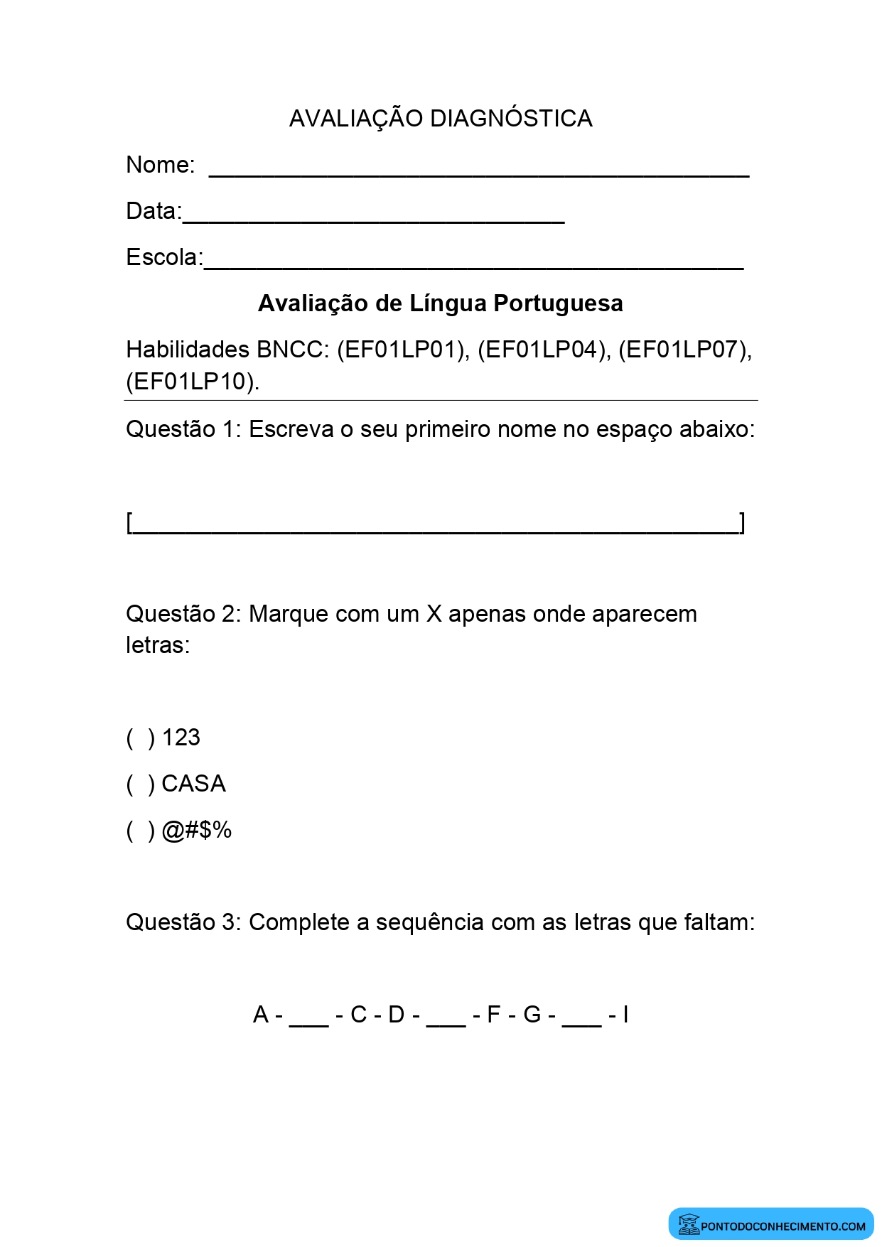 Avaliação diagnóstica para o primeiro ano português e matemática
