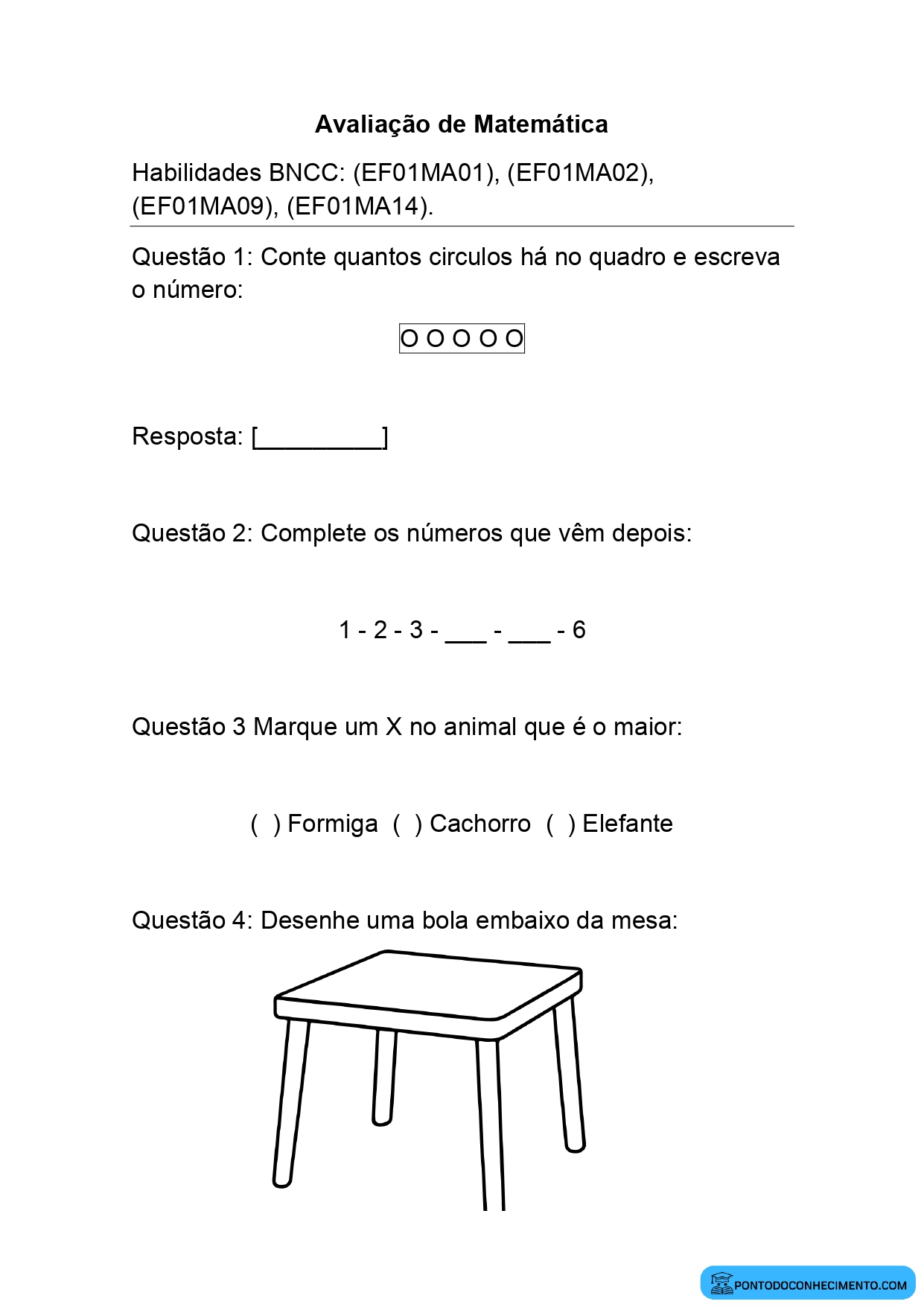 Avaliação diagnóstica primeiro ano ensino fundamental