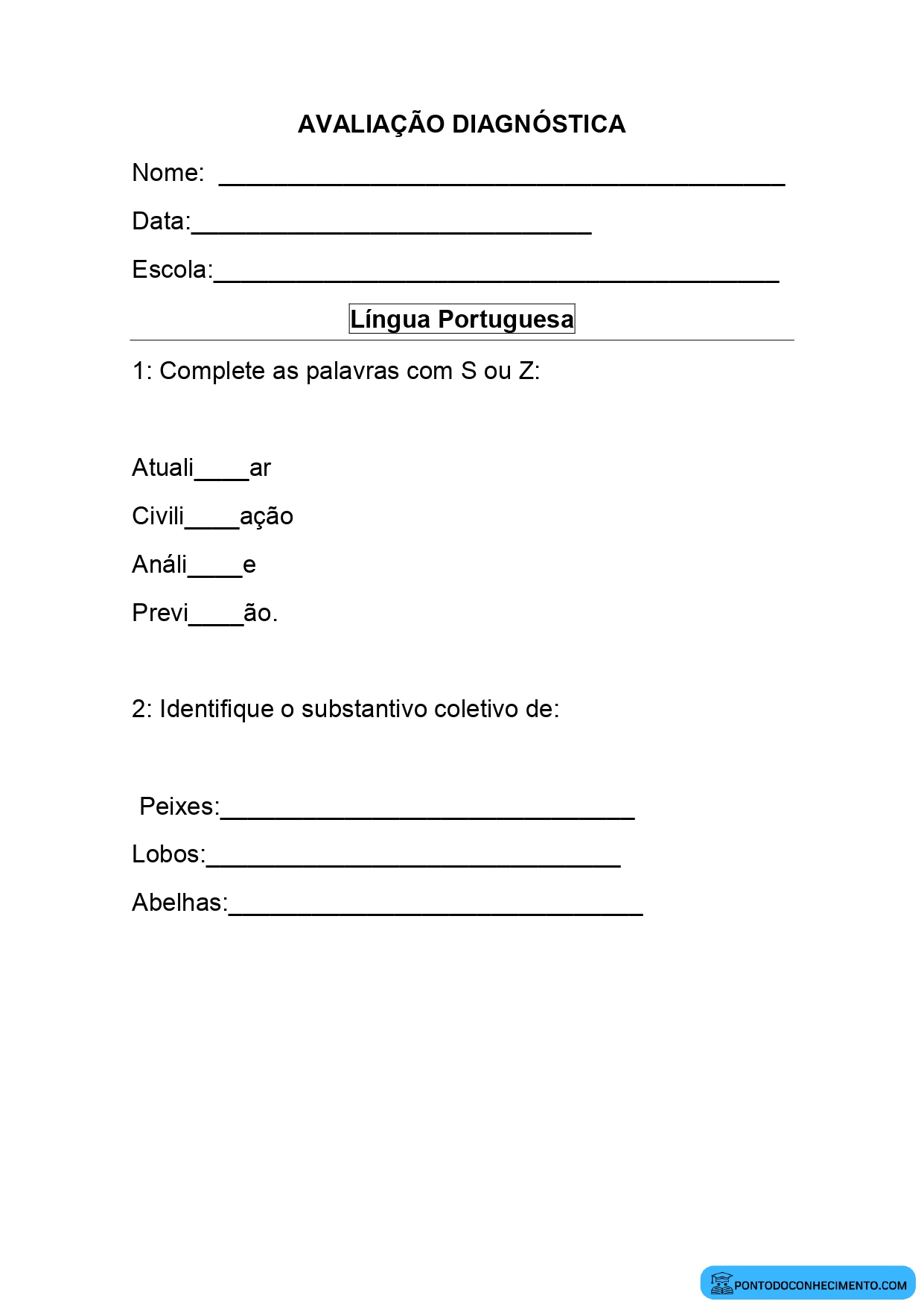 Avaliação diagnóstica para o quinto ano